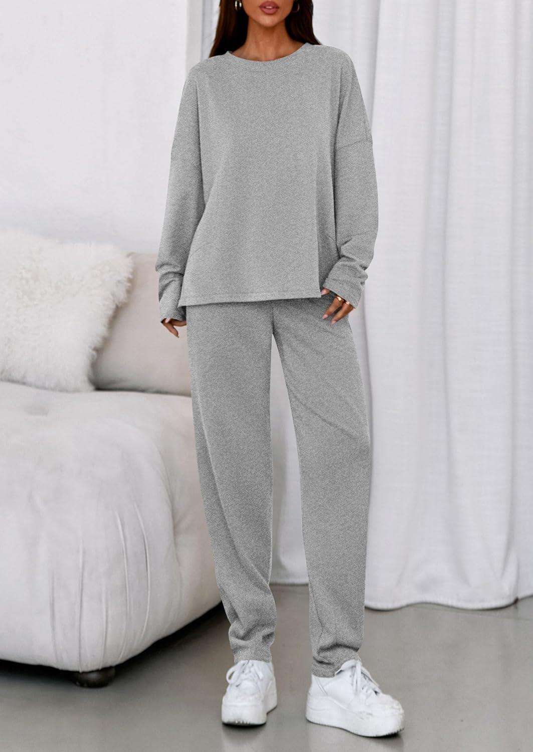 imagePRETTYGARDEN Womens 2 Piece Matching Lounge Sets 2025 Fall Long Sleeve Boatneck Sweatsuit Drawstring Sweatpants PocketsGrey