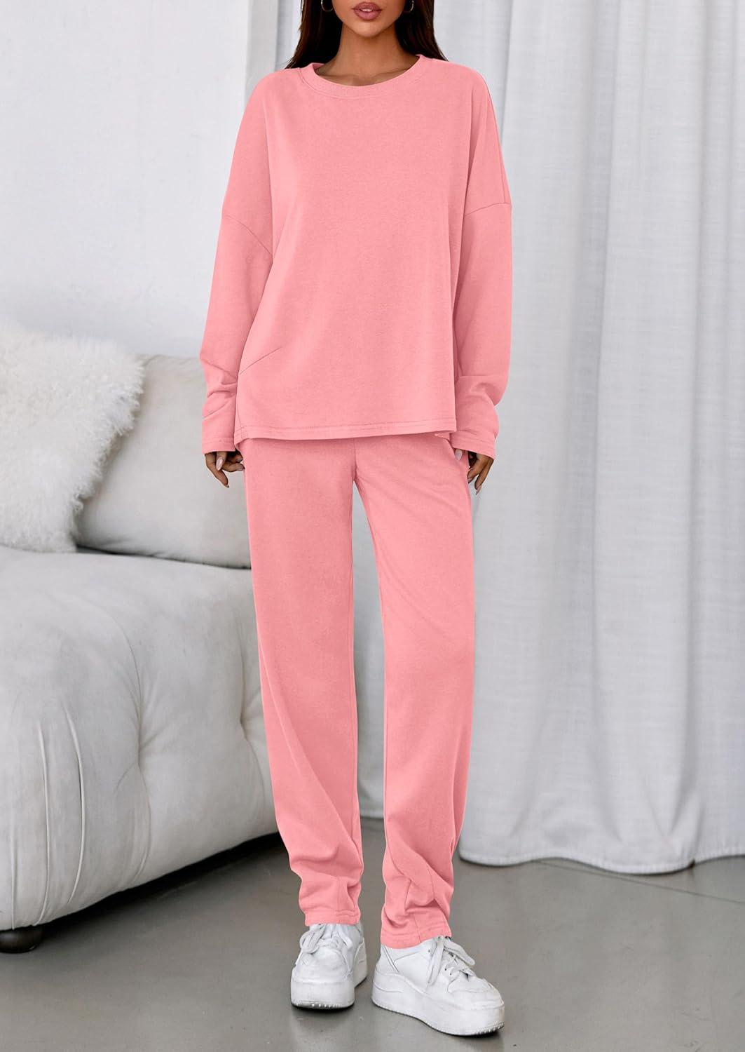 imagePRETTYGARDEN Womens 2 Piece Matching Lounge Sets 2025 Fall Long Sleeve Boatneck Sweatsuit Drawstring Sweatpants PocketsPink