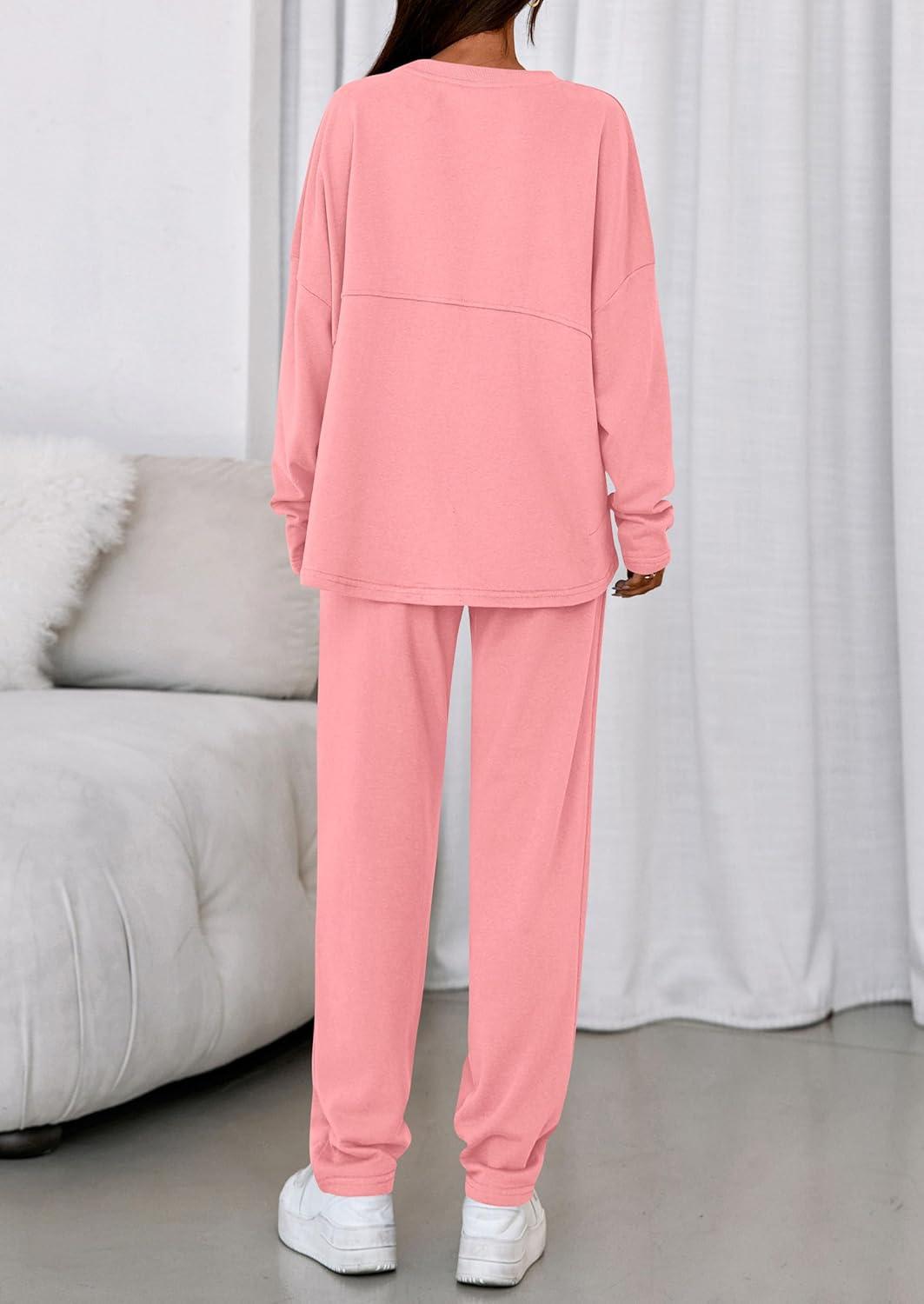 imagePRETTYGARDEN Womens 2 Piece Matching Lounge Sets 2025 Fall Long Sleeve Boatneck Sweatsuit Drawstring Sweatpants PocketsPink
