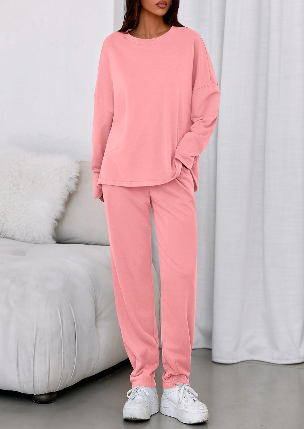 imagePRETTYGARDEN Womens 2 Piece Matching Lounge Sets 2025 Fall Long Sleeve Boatneck Sweatsuit Drawstring Sweatpants PocketsPink