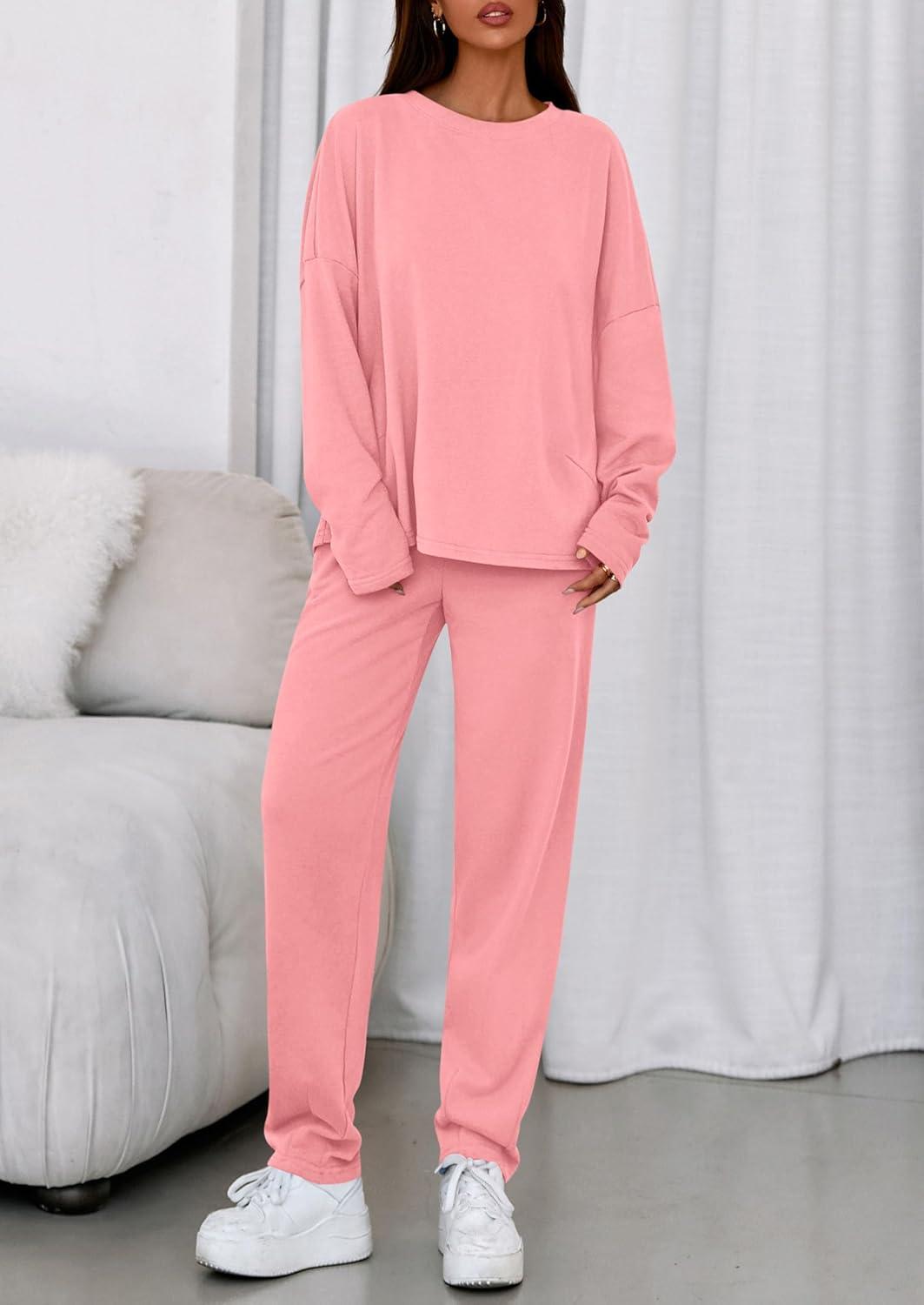 imagePRETTYGARDEN Womens 2 Piece Matching Lounge Sets 2025 Fall Long Sleeve Boatneck Sweatsuit Drawstring Sweatpants PocketsPink