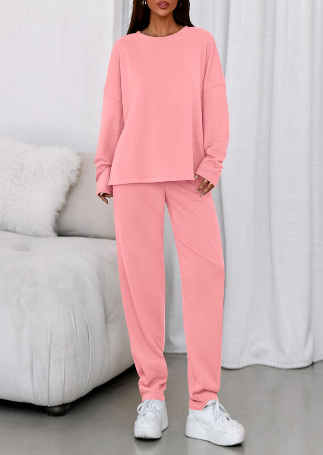 imagePRETTYGARDEN Womens 2 Piece Matching Lounge Sets 2025 Fall Long Sleeve Boatneck Sweatsuit Drawstring Sweatpants PocketsPink