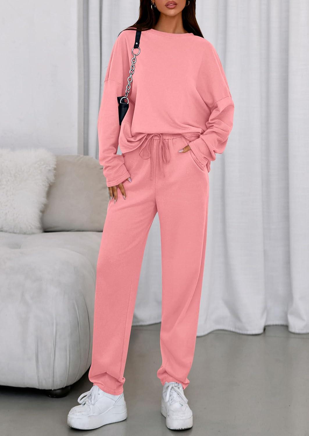 imagePRETTYGARDEN Womens 2 Piece Matching Lounge Sets 2025 Fall Long Sleeve Boatneck Sweatsuit Drawstring Sweatpants PocketsPink