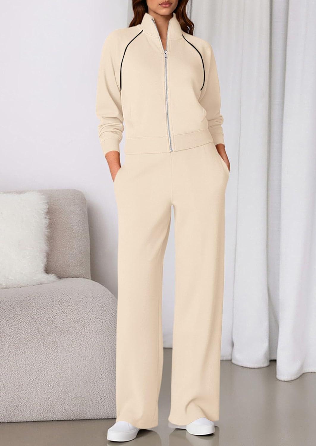 imagePRETTYGARDEN Womens 2 Piece Outfits Sweatsuits 2025 Fall Full Zip Sweatshirts Workout Pants Matching Lounge Sets TracksuitsBeige