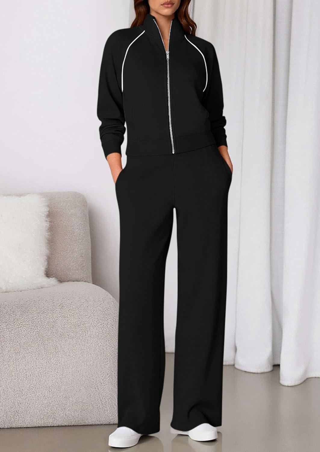 imagePRETTYGARDEN Womens 2 Piece Outfits Sweatsuits 2025 Fall Full Zip Sweatshirts Workout Pants Matching Lounge Sets TracksuitsBlack