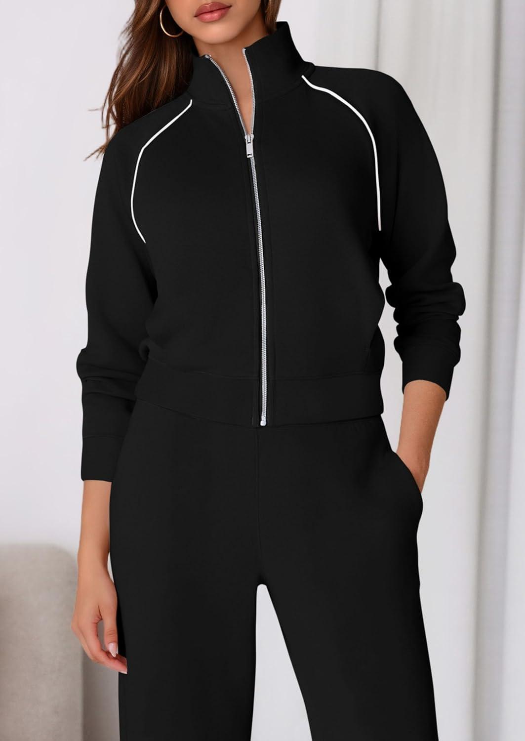 imagePRETTYGARDEN Womens 2 Piece Outfits Sweatsuits 2025 Fall Full Zip Sweatshirts Workout Pants Matching Lounge Sets TracksuitsBlack