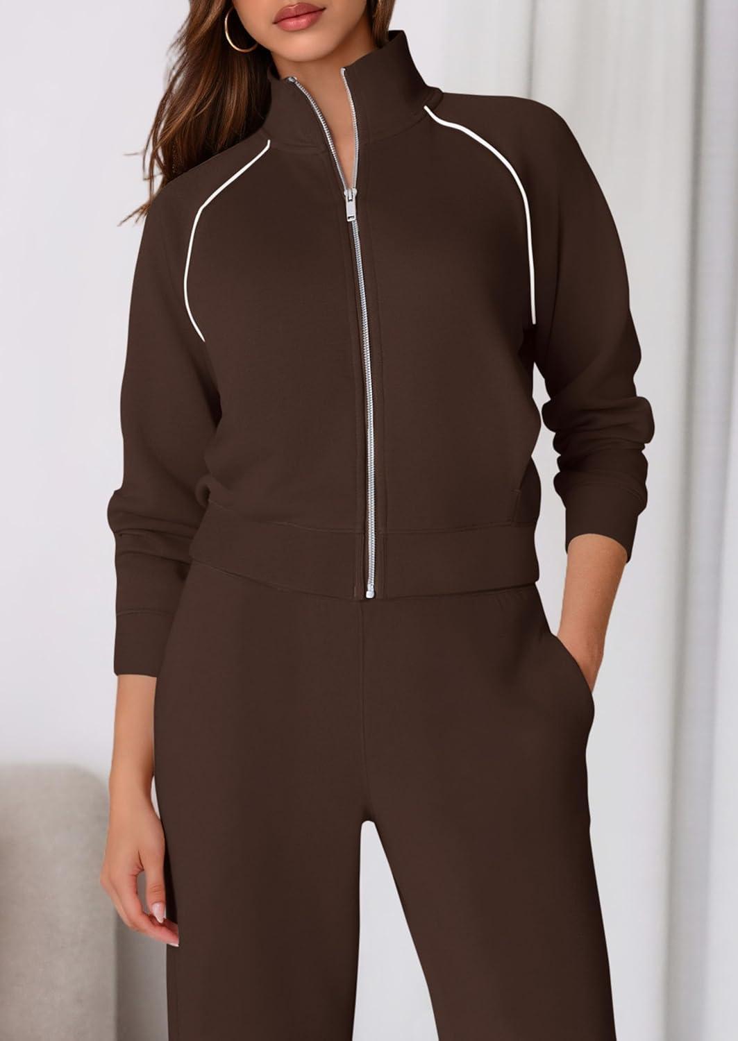 imagePRETTYGARDEN Womens 2 Piece Outfits Sweatsuits 2025 Fall Full Zip Sweatshirts Workout Pants Matching Lounge Sets TracksuitsBrown