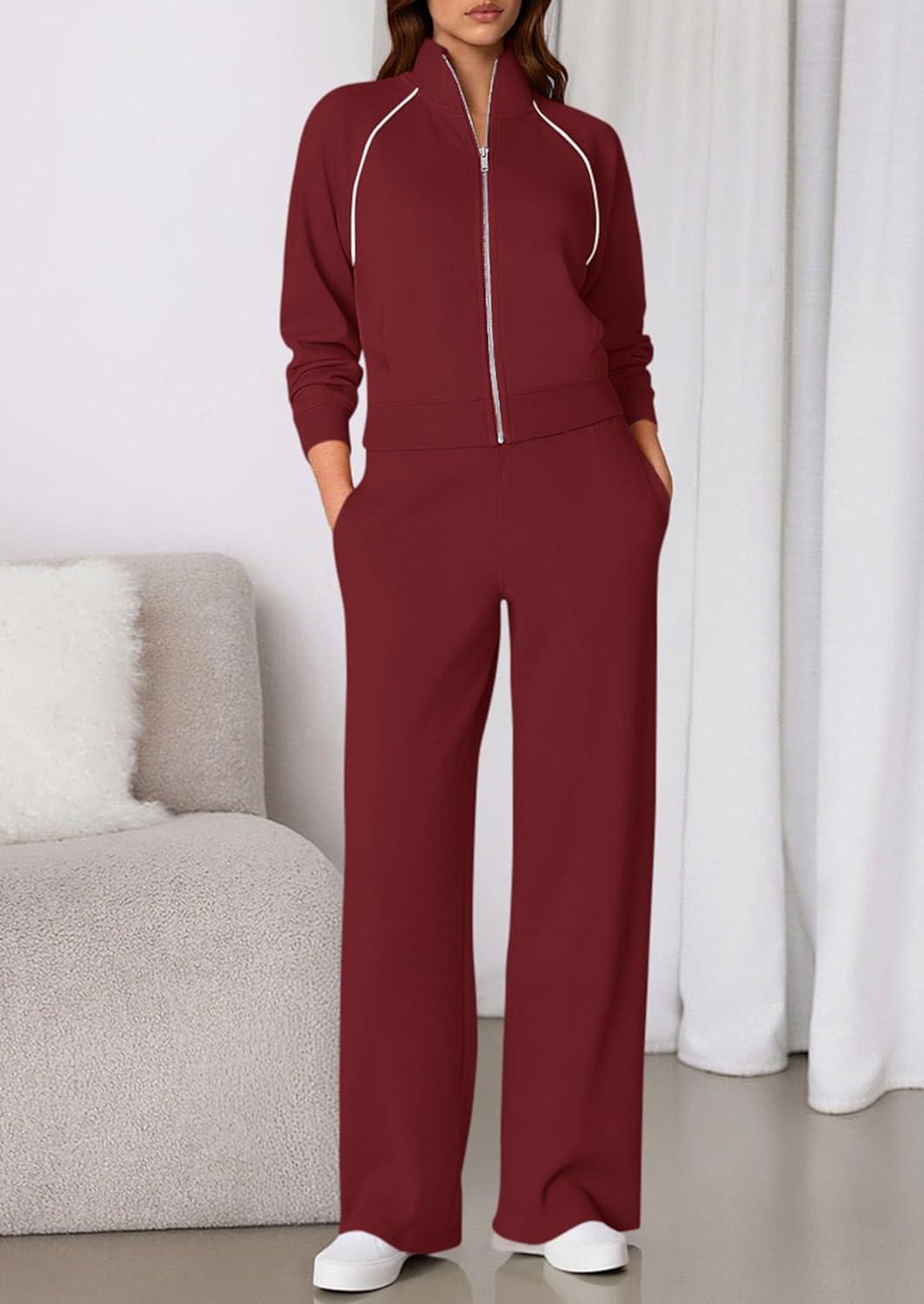 imagePRETTYGARDEN Womens 2 Piece Outfits Sweatsuits 2025 Fall Full Zip Sweatshirts Workout Pants Matching Lounge Sets TracksuitsBurgundy