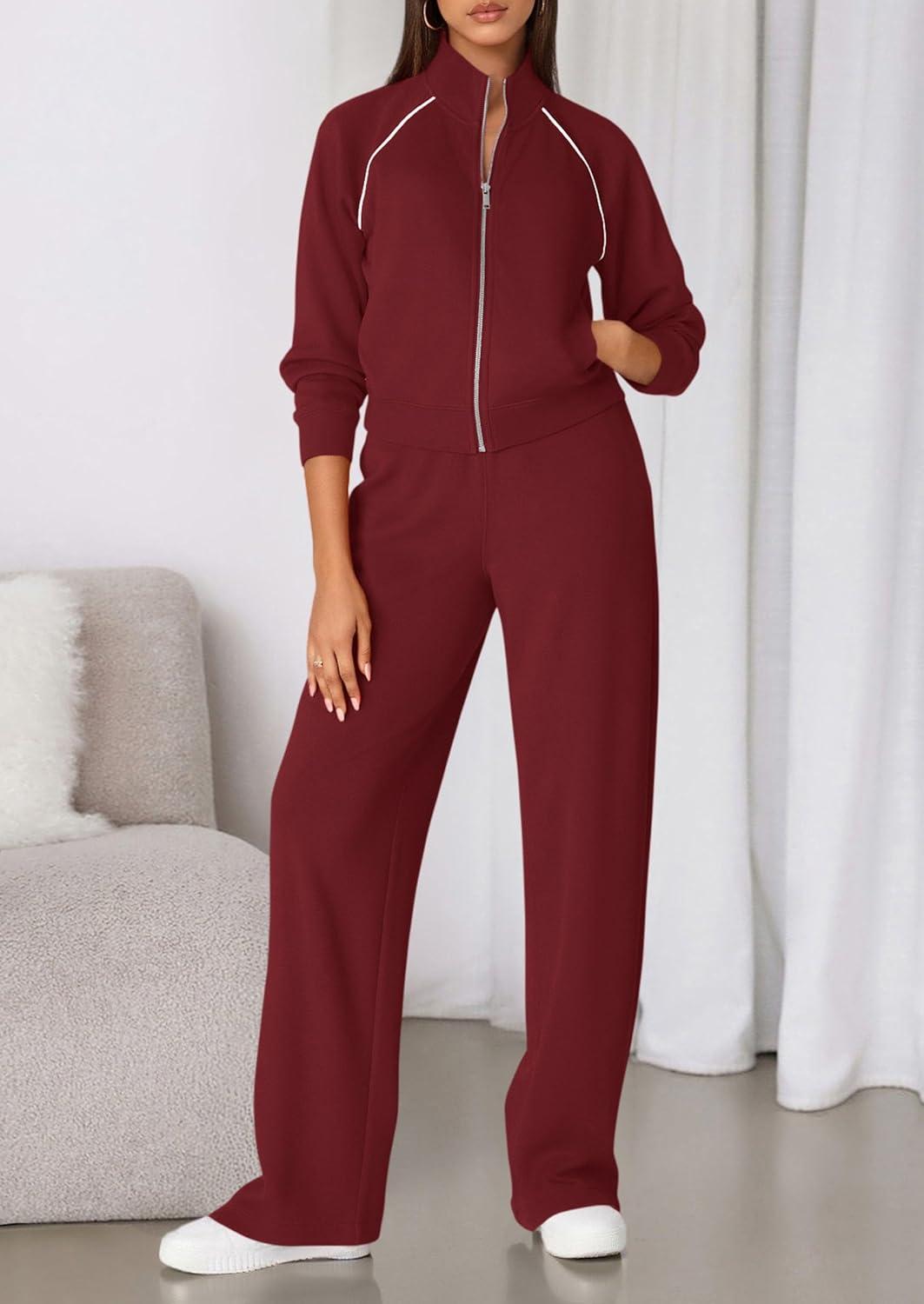 imagePRETTYGARDEN Womens 2 Piece Outfits Sweatsuits 2025 Fall Full Zip Sweatshirts Workout Pants Matching Lounge Sets TracksuitsBurgundy