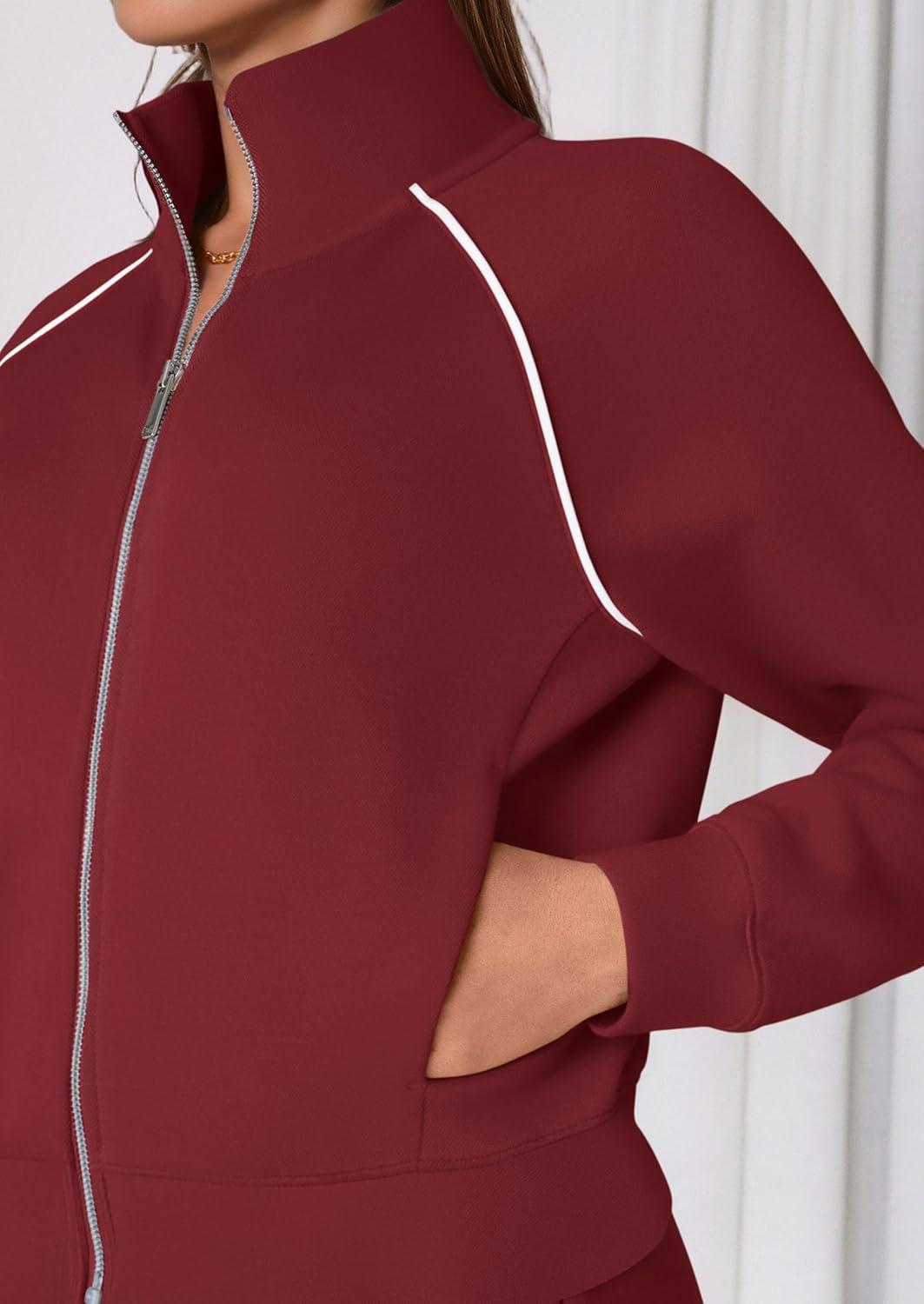 imagePRETTYGARDEN Womens 2 Piece Outfits Sweatsuits 2025 Fall Full Zip Sweatshirts Workout Pants Matching Lounge Sets TracksuitsBurgundy
