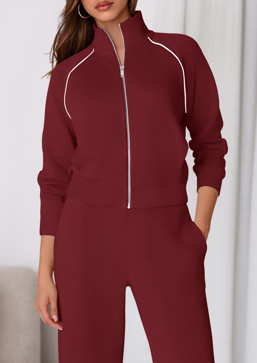 imagePRETTYGARDEN Womens 2 Piece Outfits Sweatsuits 2025 Fall Full Zip Sweatshirts Workout Pants Matching Lounge Sets TracksuitsBurgundy
