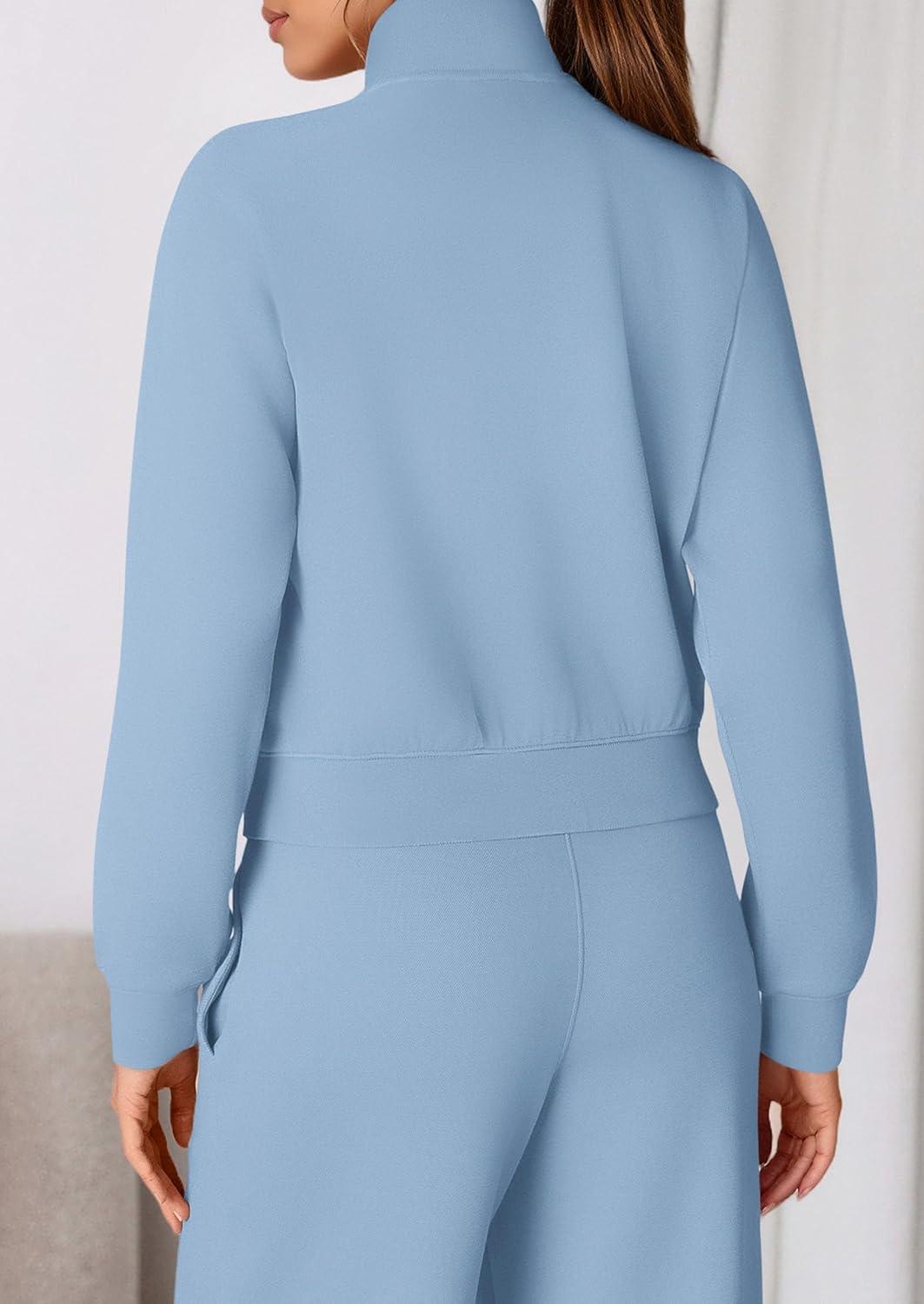 imagePRETTYGARDEN Womens 2 Piece Outfits Sweatsuits 2025 Fall Full Zip Sweatshirts Workout Pants Matching Lounge Sets TracksuitsLight Blue