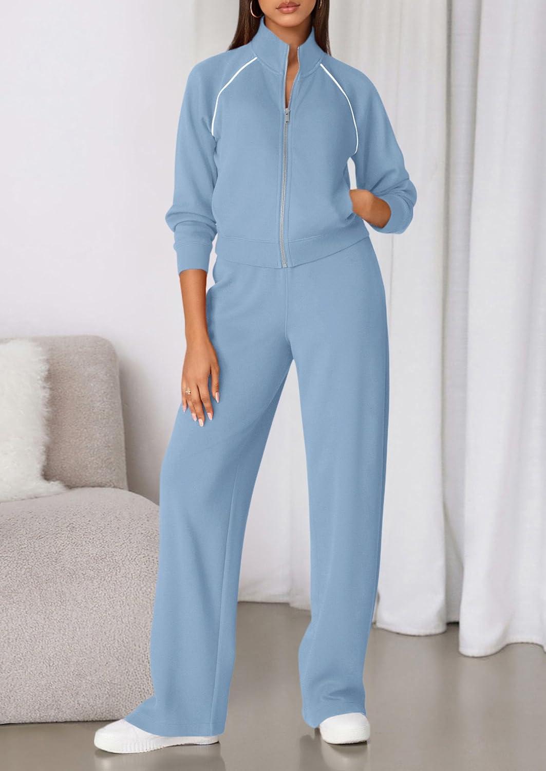 imagePRETTYGARDEN Womens 2 Piece Outfits Sweatsuits 2025 Fall Full Zip Sweatshirts Workout Pants Matching Lounge Sets TracksuitsLight Blue