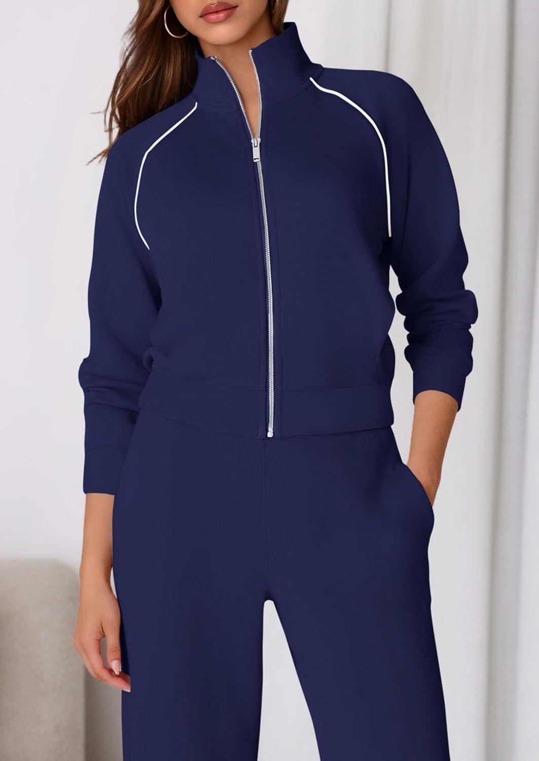 imagePRETTYGARDEN Womens 2 Piece Outfits Sweatsuits 2025 Fall Full Zip Sweatshirts Workout Pants Matching Lounge Sets TracksuitsNavy Blue