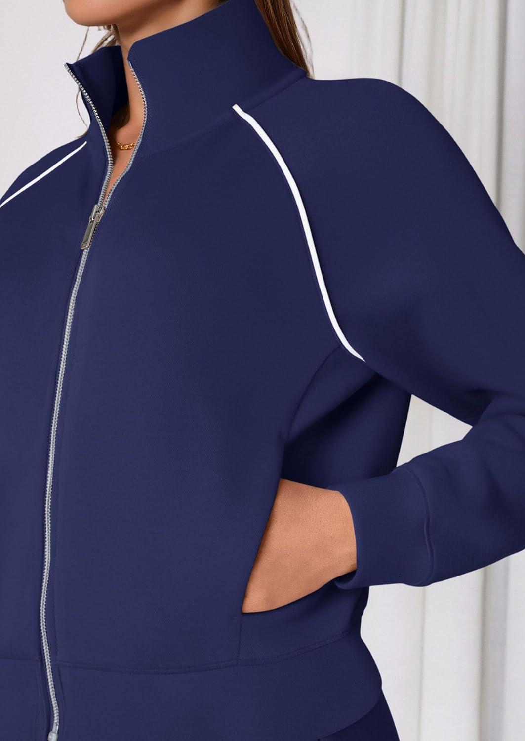 imagePRETTYGARDEN Womens 2 Piece Outfits Sweatsuits 2025 Fall Full Zip Sweatshirts Workout Pants Matching Lounge Sets TracksuitsNavy Blue