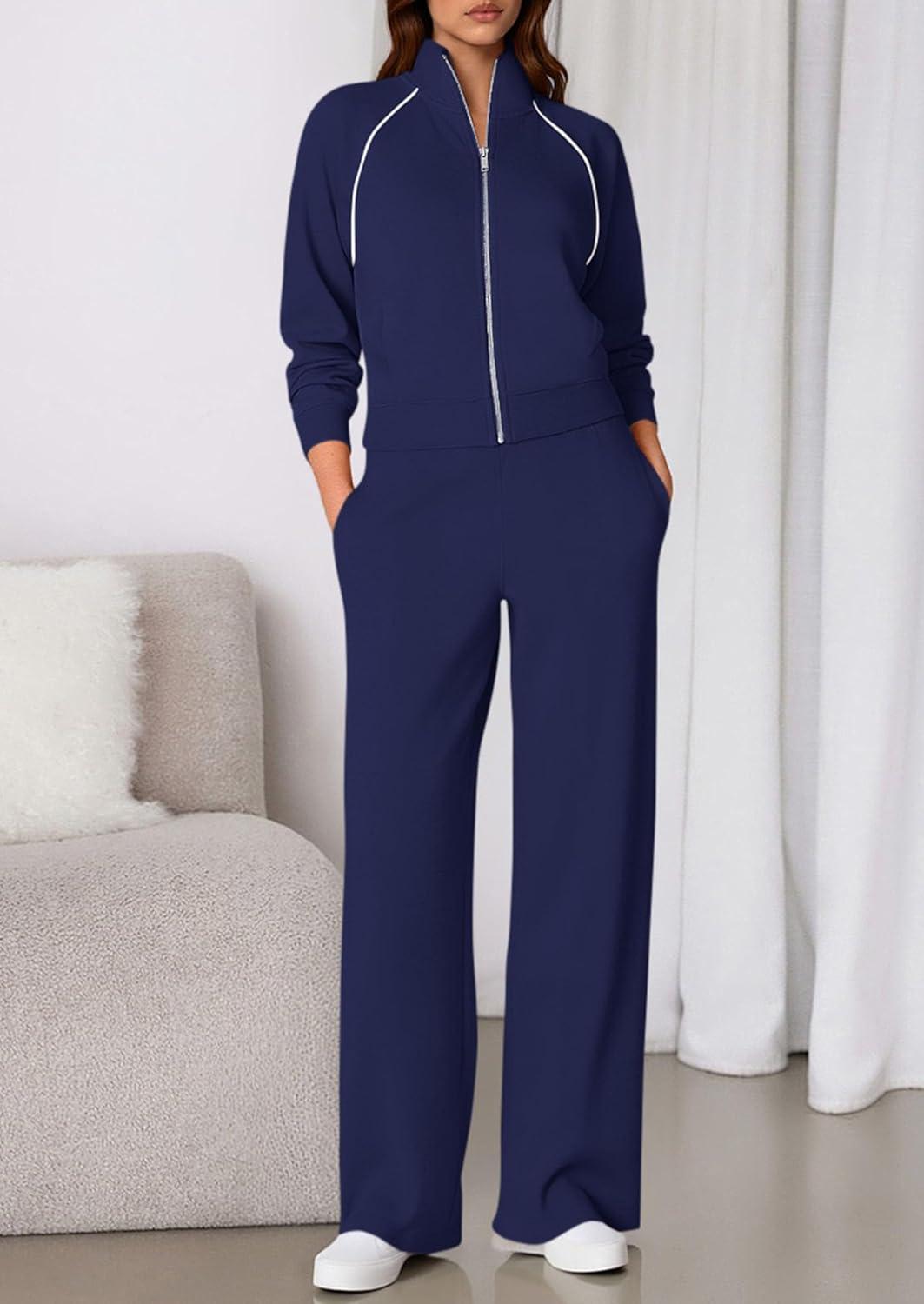 imagePRETTYGARDEN Womens 2 Piece Outfits Sweatsuits 2025 Fall Full Zip Sweatshirts Workout Pants Matching Lounge Sets TracksuitsNavy Blue
