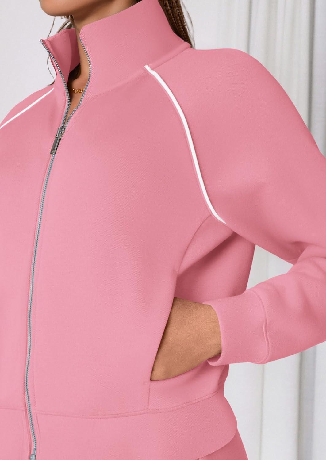 imagePRETTYGARDEN Womens 2 Piece Outfits Sweatsuits 2025 Fall Full Zip Sweatshirts Workout Pants Matching Lounge Sets TracksuitsPink