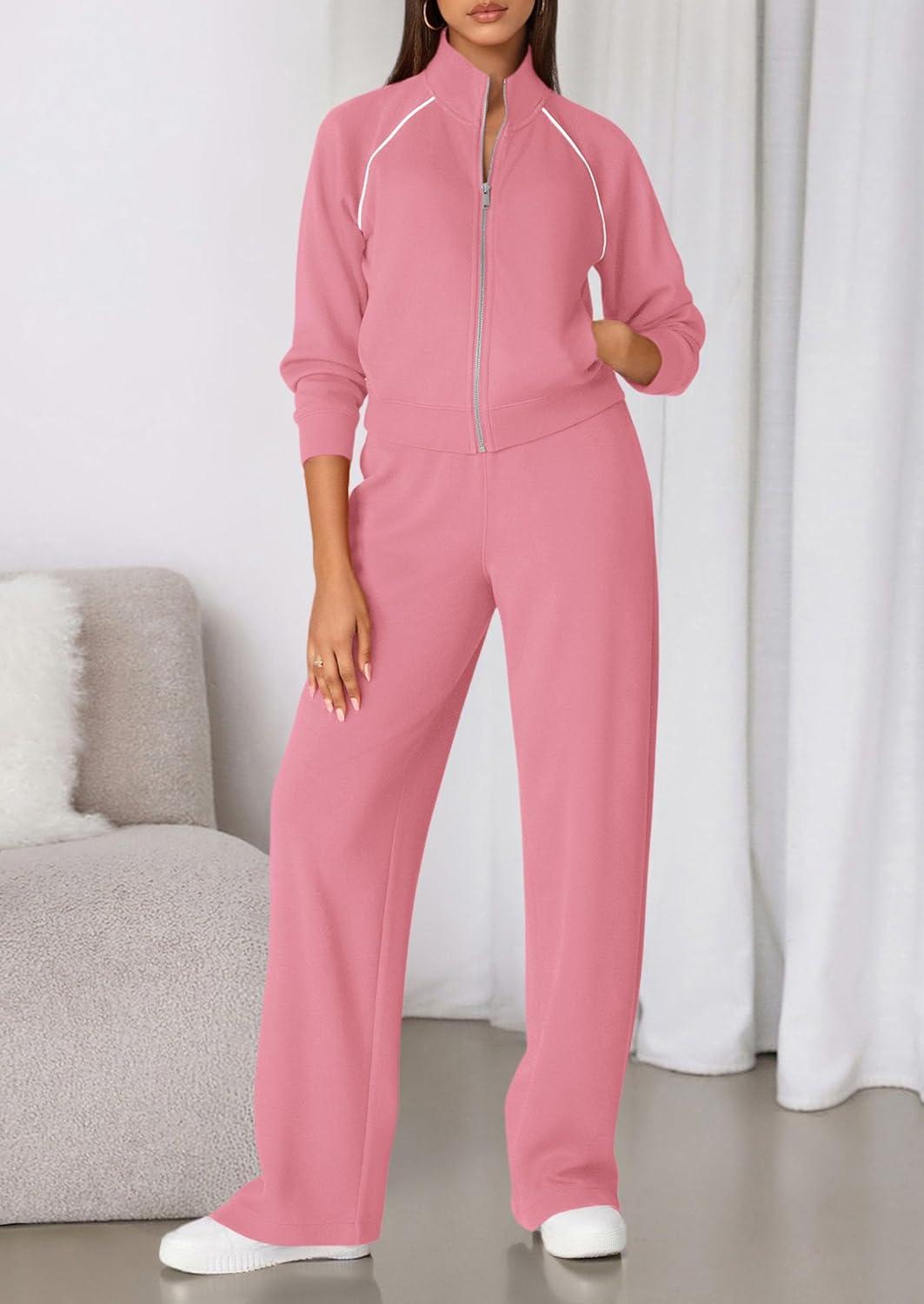 imagePRETTYGARDEN Womens 2 Piece Outfits Sweatsuits 2025 Fall Full Zip Sweatshirts Workout Pants Matching Lounge Sets TracksuitsPink