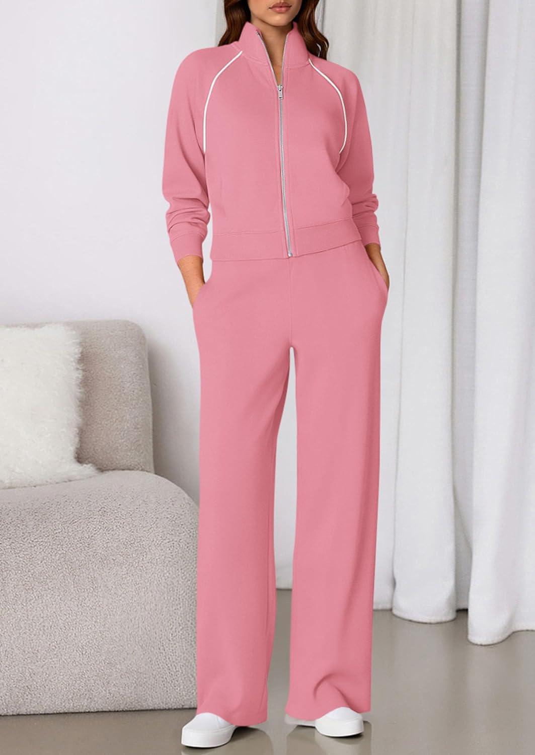 imagePRETTYGARDEN Womens 2 Piece Outfits Sweatsuits 2025 Fall Full Zip Sweatshirts Workout Pants Matching Lounge Sets TracksuitsPink