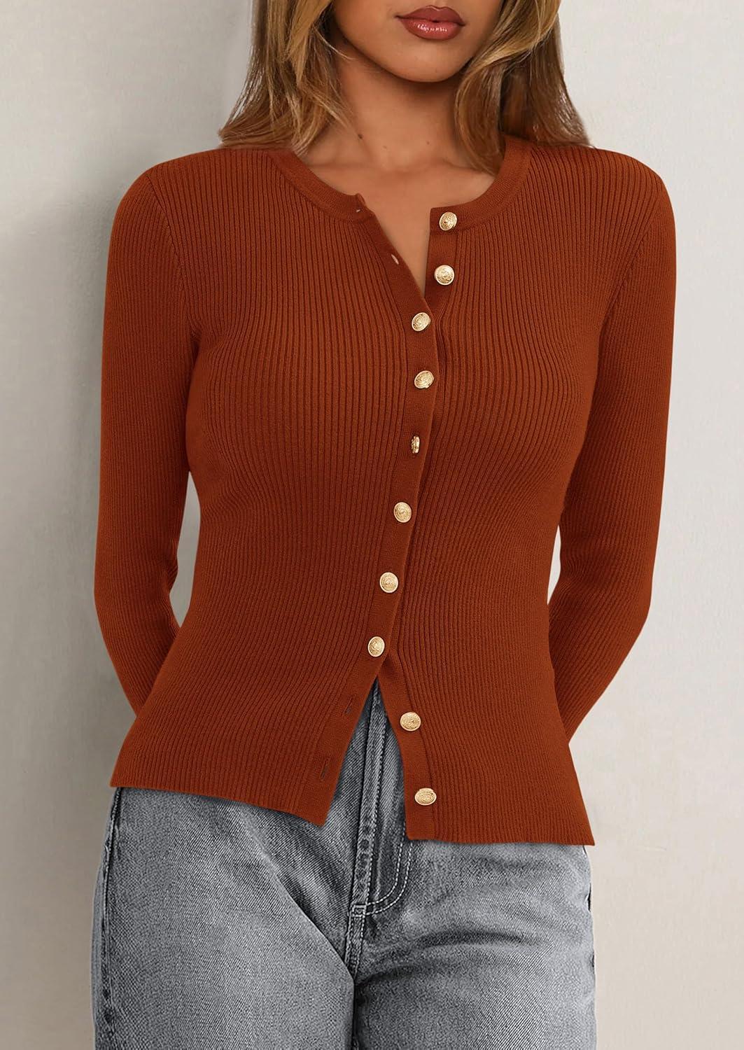 imagePRETTYGARDEN Womens 2025 Fall Cardigan Sweaters Lightweight Long Sleeve Button up Ribbed Knit Tops Winter Fashion ClothesCaramel