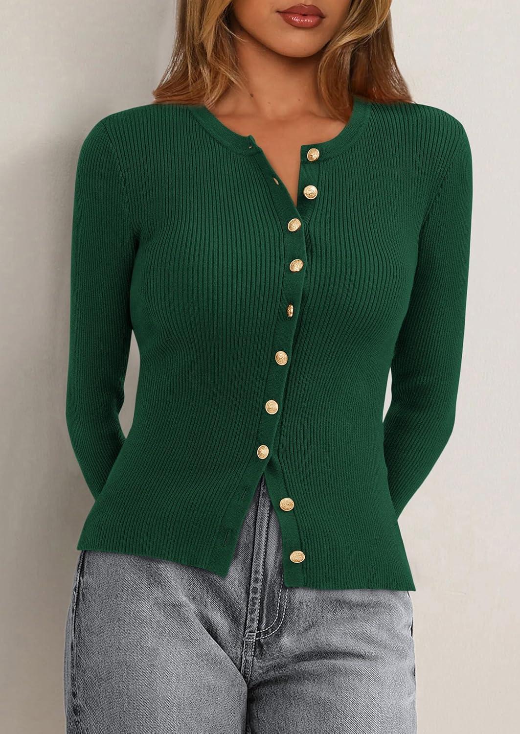 imagePRETTYGARDEN Womens 2025 Fall Cardigan Sweaters Lightweight Long Sleeve Button up Ribbed Knit Tops Winter Fashion ClothesDark Green