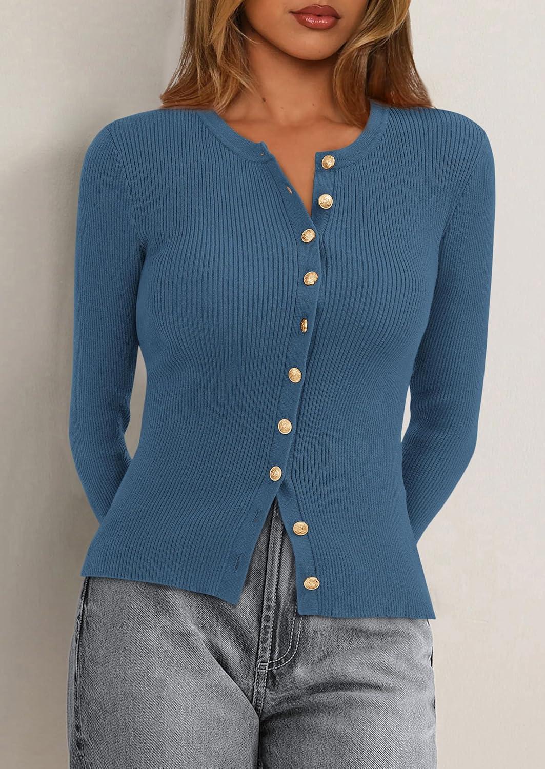 imagePRETTYGARDEN Womens 2025 Fall Cardigan Sweaters Lightweight Long Sleeve Button up Ribbed Knit Tops Winter Fashion ClothesDusty Blue