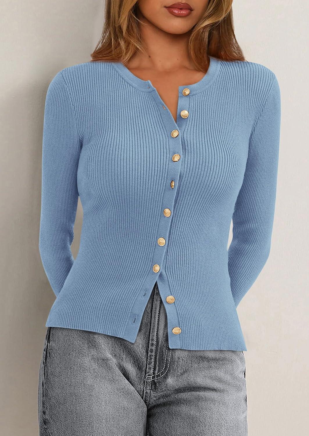 imagePRETTYGARDEN Womens 2025 Fall Cardigan Sweaters Lightweight Long Sleeve Button up Ribbed Knit Tops Winter Fashion ClothesLight Blue
