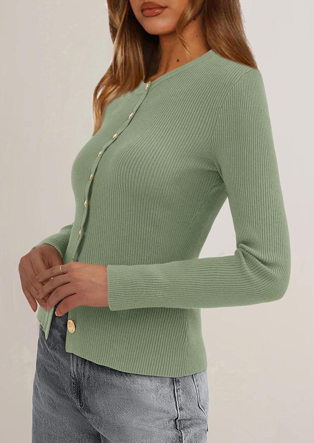 imagePRETTYGARDEN Womens 2025 Fall Cardigan Sweaters Lightweight Long Sleeve Button up Ribbed Knit Tops Winter Fashion ClothesLight Green