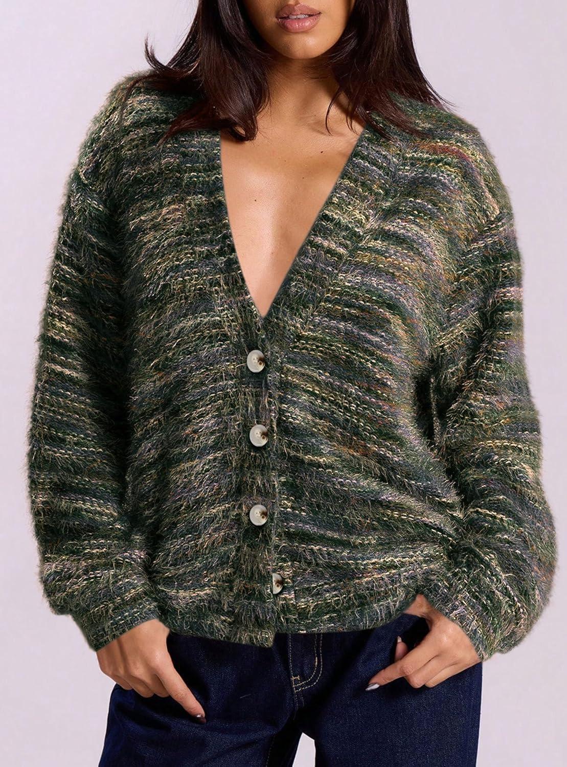 imagePRETTYGARDEN Womens Cardigan Sweaters Fall Fashion 2025 Striped Long Sleeve Button V Neck Knit Fuzzy Outerwear Winter ClothesArmy Green