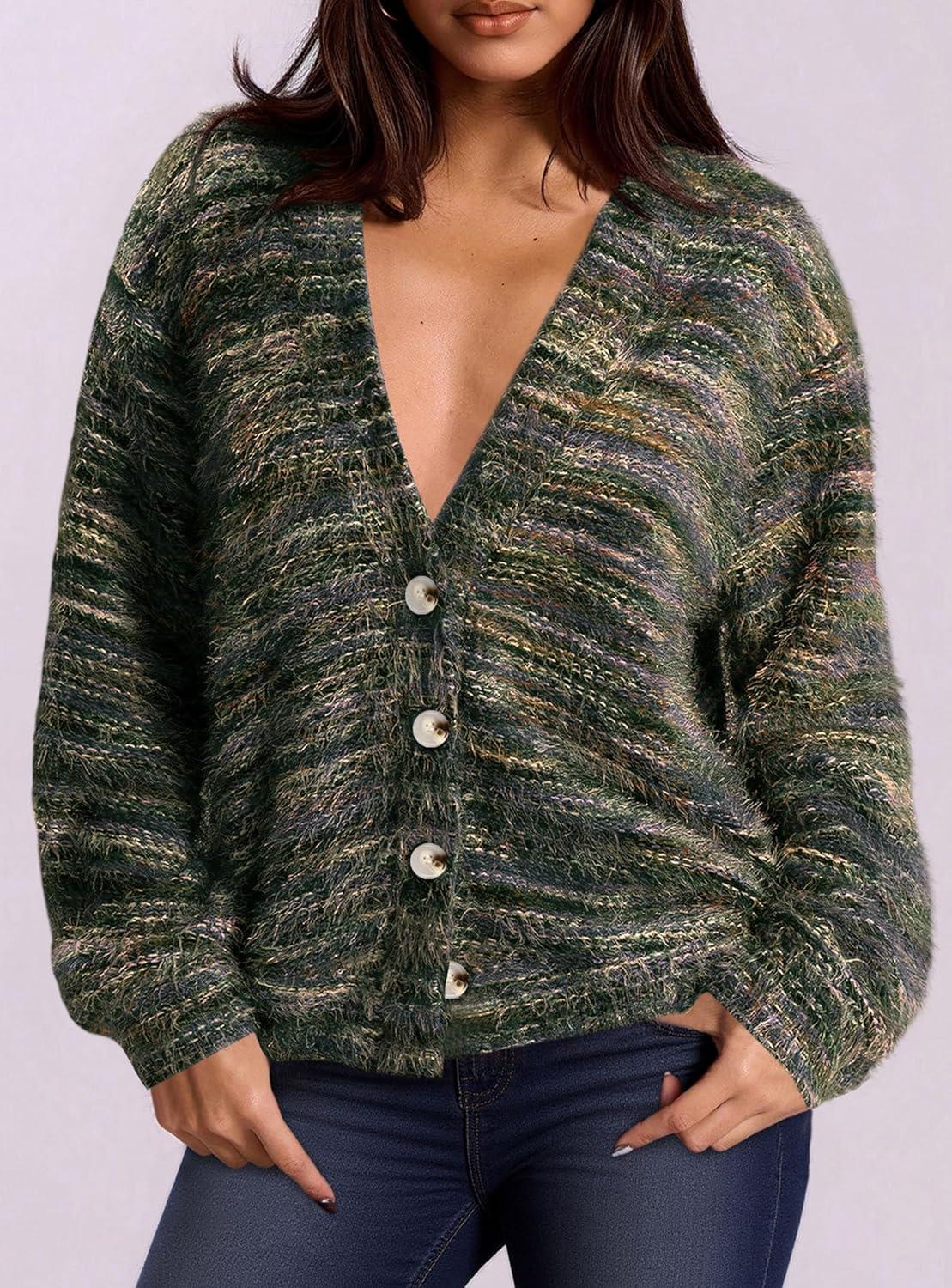 imagePRETTYGARDEN Womens Cardigan Sweaters Fall Fashion 2025 Striped Long Sleeve Button V Neck Knit Fuzzy Outerwear Winter ClothesArmy Green