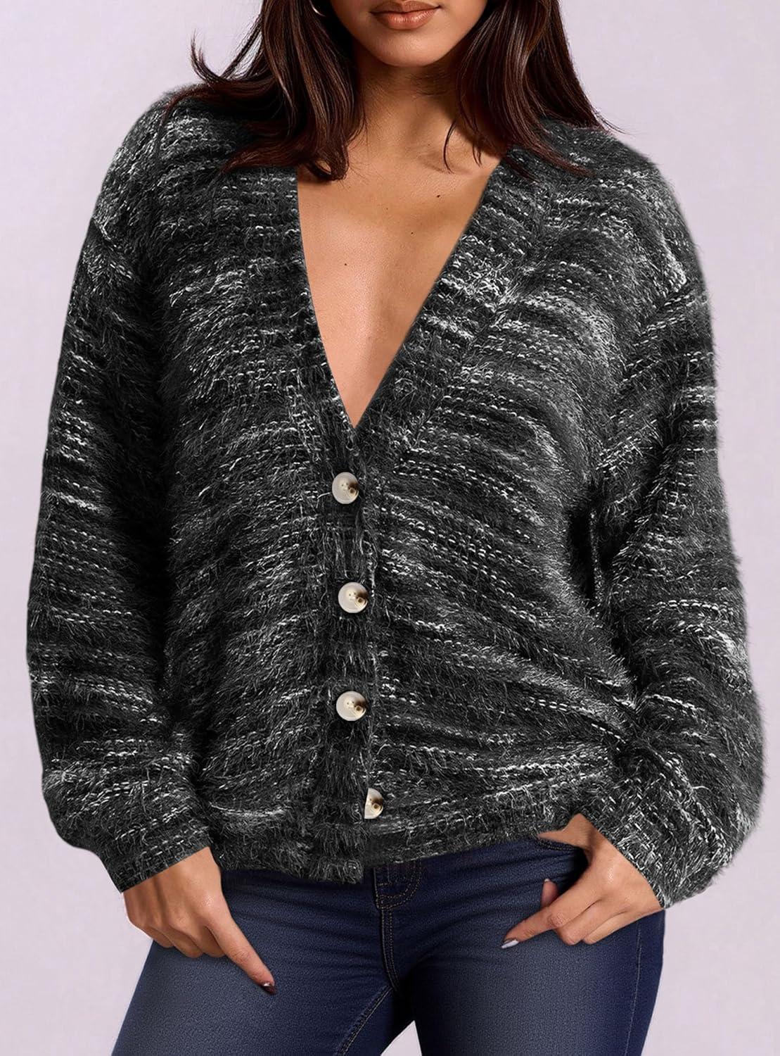 imagePRETTYGARDEN Womens Cardigan Sweaters Fall Fashion 2025 Striped Long Sleeve Button V Neck Knit Fuzzy Outerwear Winter ClothesBlack