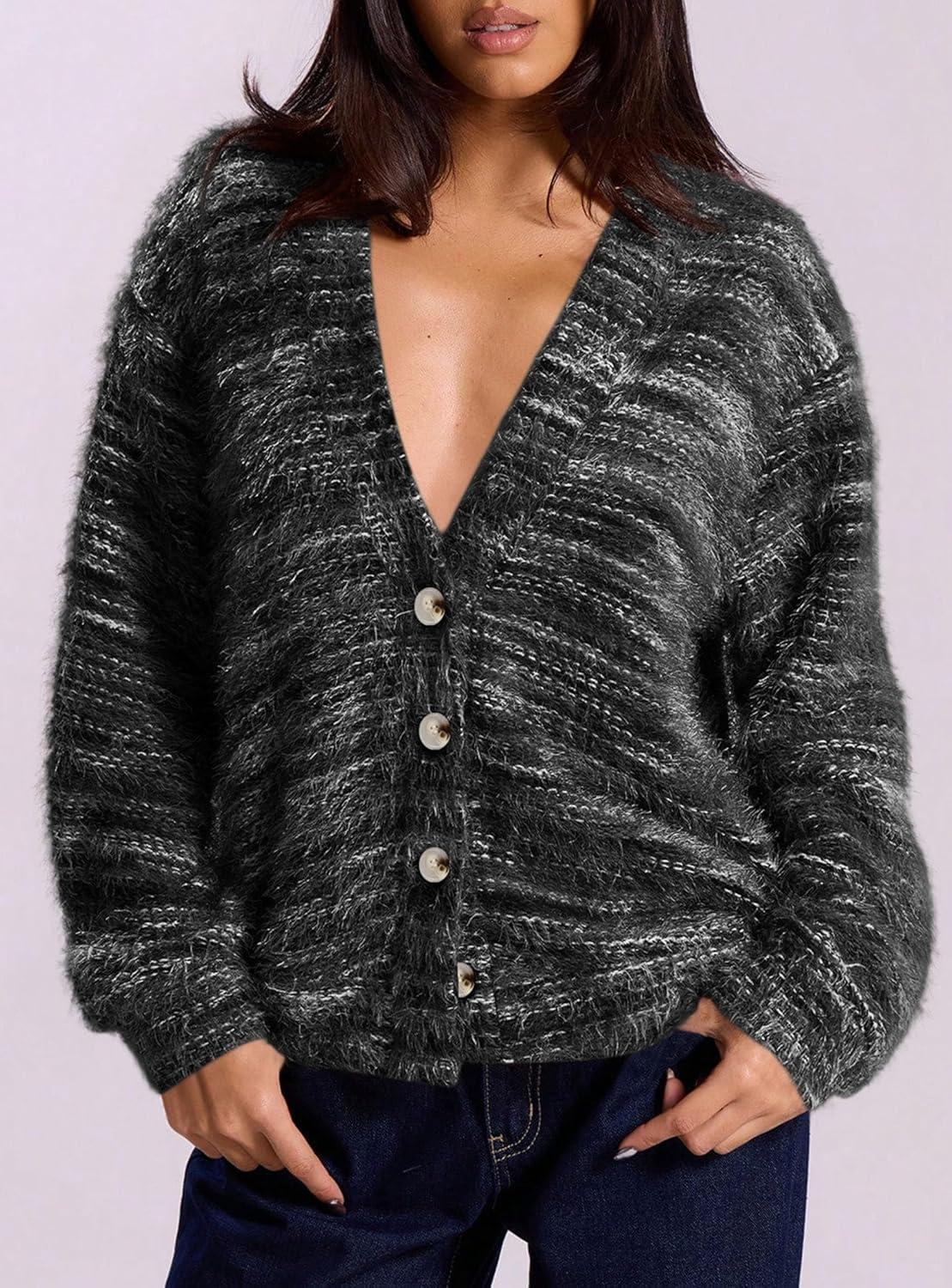 imagePRETTYGARDEN Womens Cardigan Sweaters Fall Fashion 2025 Striped Long Sleeve Button V Neck Knit Fuzzy Outerwear Winter ClothesBlack