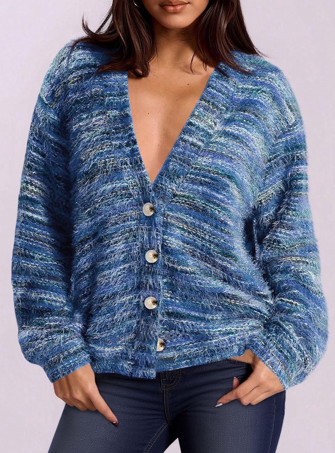 imagePRETTYGARDEN Womens Cardigan Sweaters Fall Fashion 2025 Striped Long Sleeve Button V Neck Knit Fuzzy Outerwear Winter ClothesBlue
