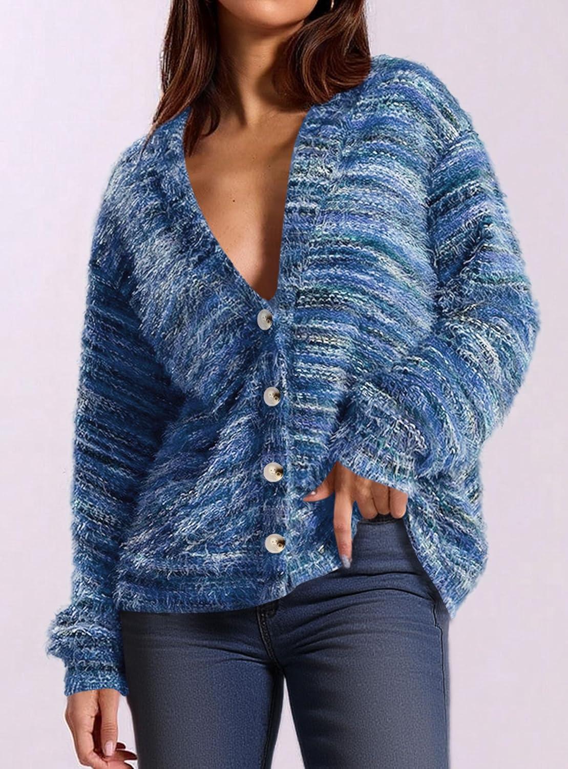 imagePRETTYGARDEN Womens Cardigan Sweaters Fall Fashion 2025 Striped Long Sleeve Button V Neck Knit Fuzzy Outerwear Winter ClothesBlue