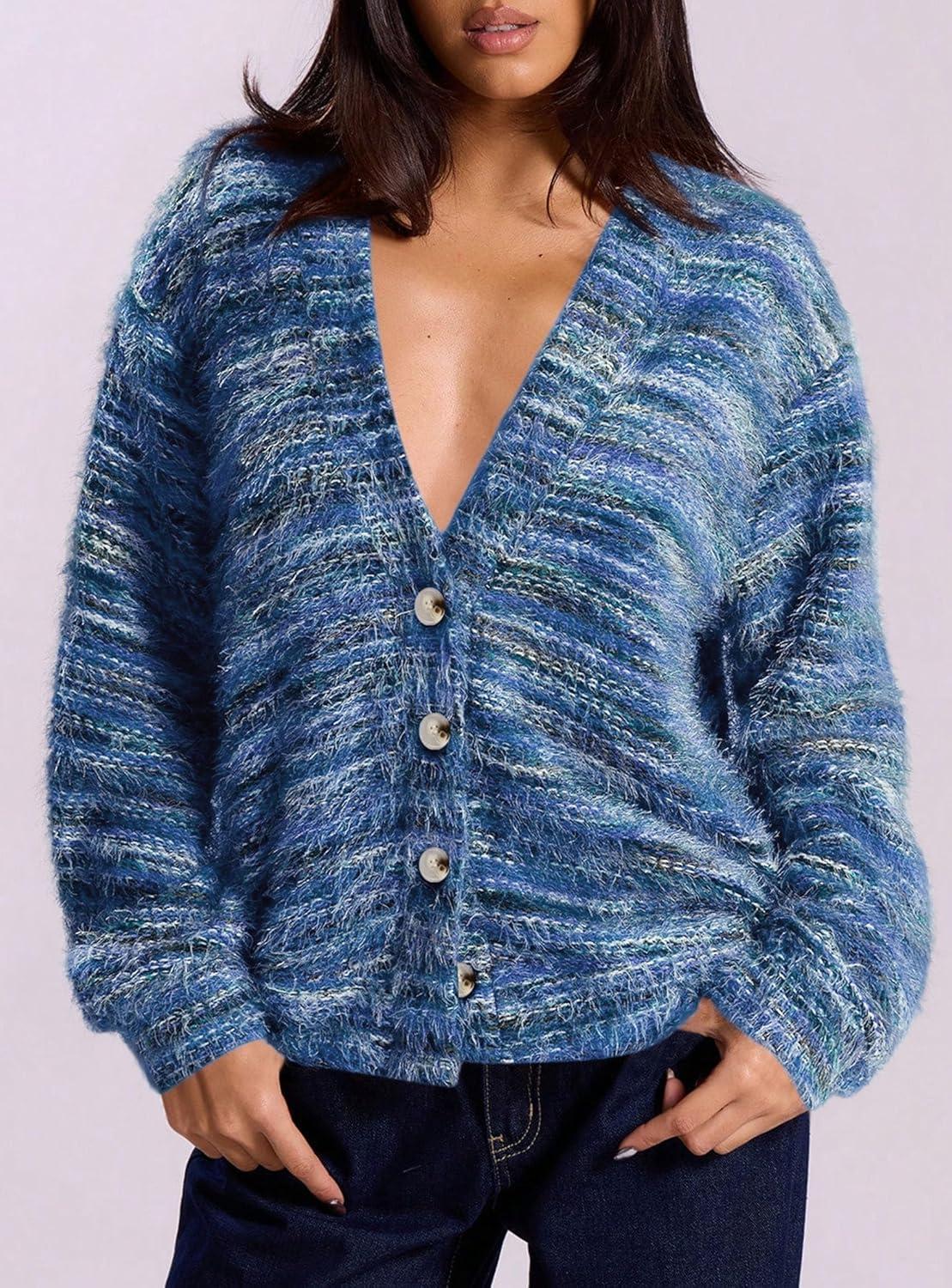 imagePRETTYGARDEN Womens Cardigan Sweaters Fall Fashion 2025 Striped Long Sleeve Button V Neck Knit Fuzzy Outerwear Winter ClothesBlue