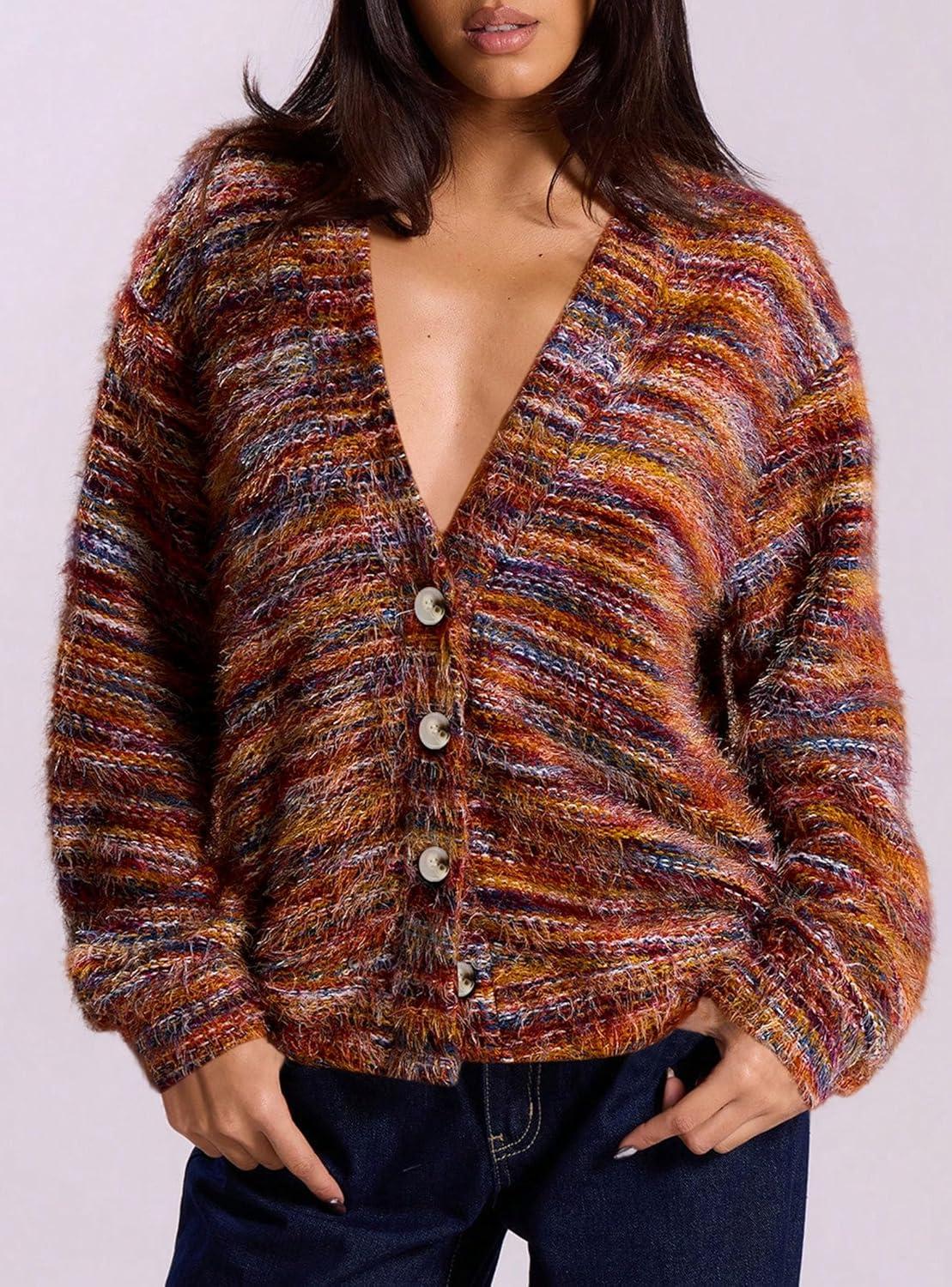 imagePRETTYGARDEN Womens Cardigan Sweaters Fall Fashion 2025 Striped Long Sleeve Button V Neck Knit Fuzzy Outerwear Winter ClothesBurnt Orange