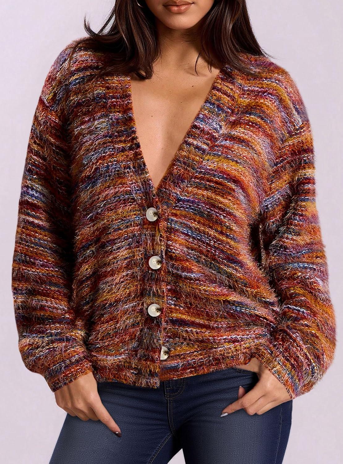imagePRETTYGARDEN Womens Cardigan Sweaters Fall Fashion 2025 Striped Long Sleeve Button V Neck Knit Fuzzy Outerwear Winter ClothesBurnt Orange