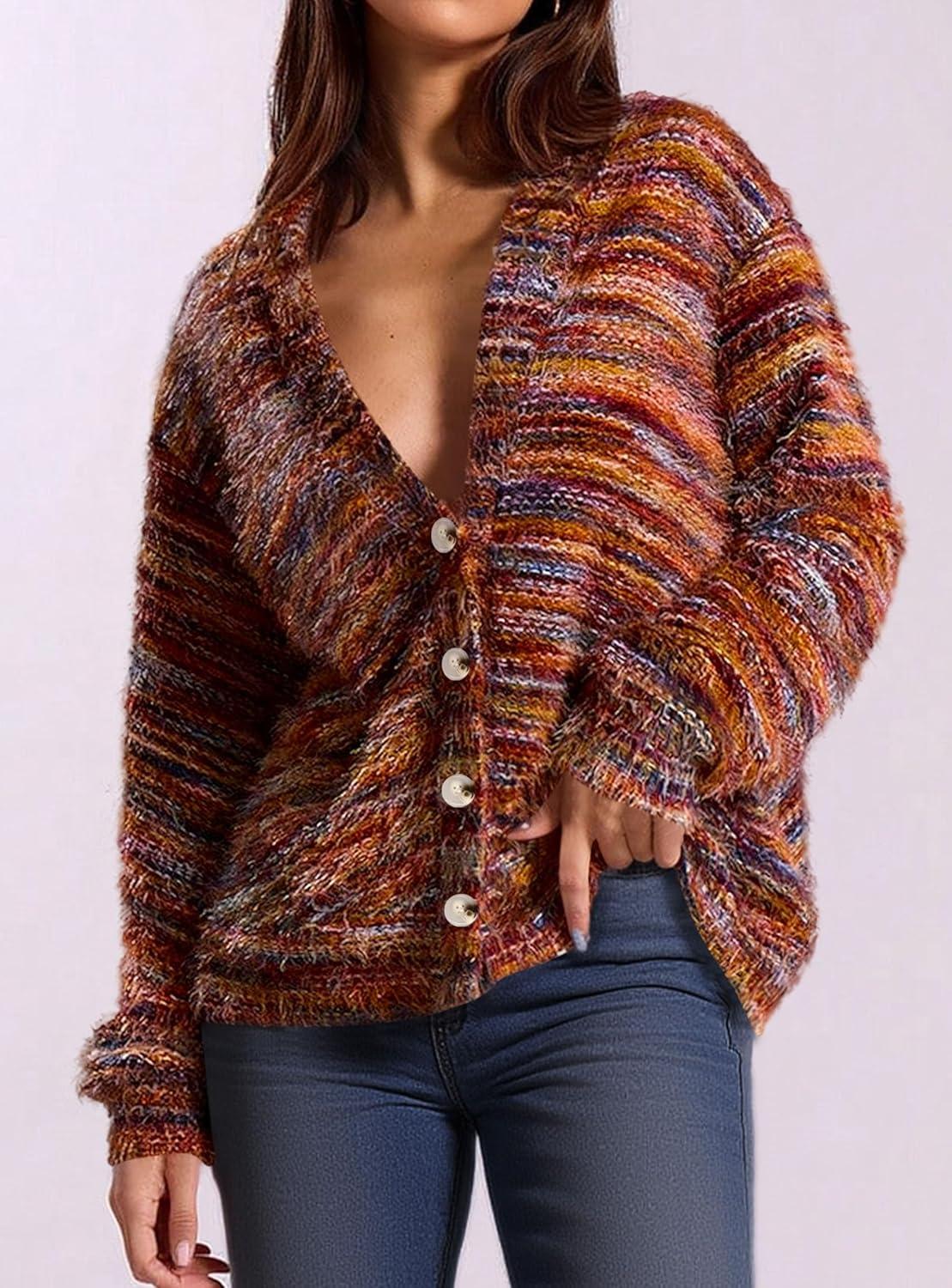 imagePRETTYGARDEN Womens Cardigan Sweaters Fall Fashion 2025 Striped Long Sleeve Button V Neck Knit Fuzzy Outerwear Winter ClothesBurnt Orange