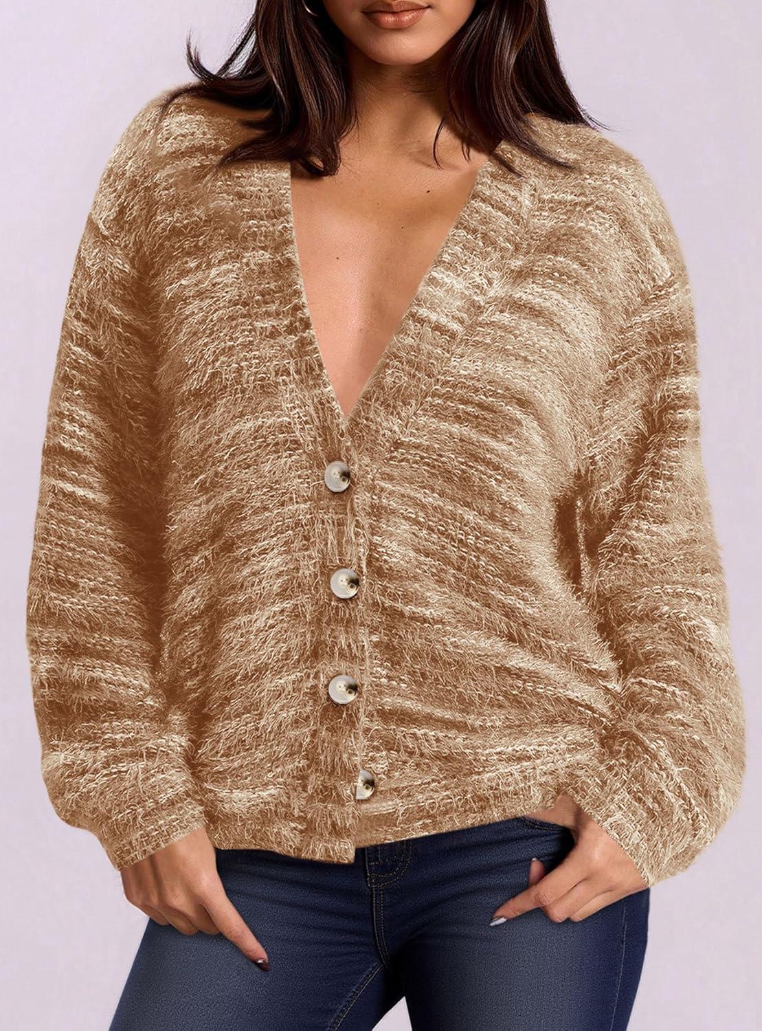 imagePRETTYGARDEN Womens Cardigan Sweaters Fall Fashion 2025 Striped Long Sleeve Button V Neck Knit Fuzzy Outerwear Winter ClothesKhaki