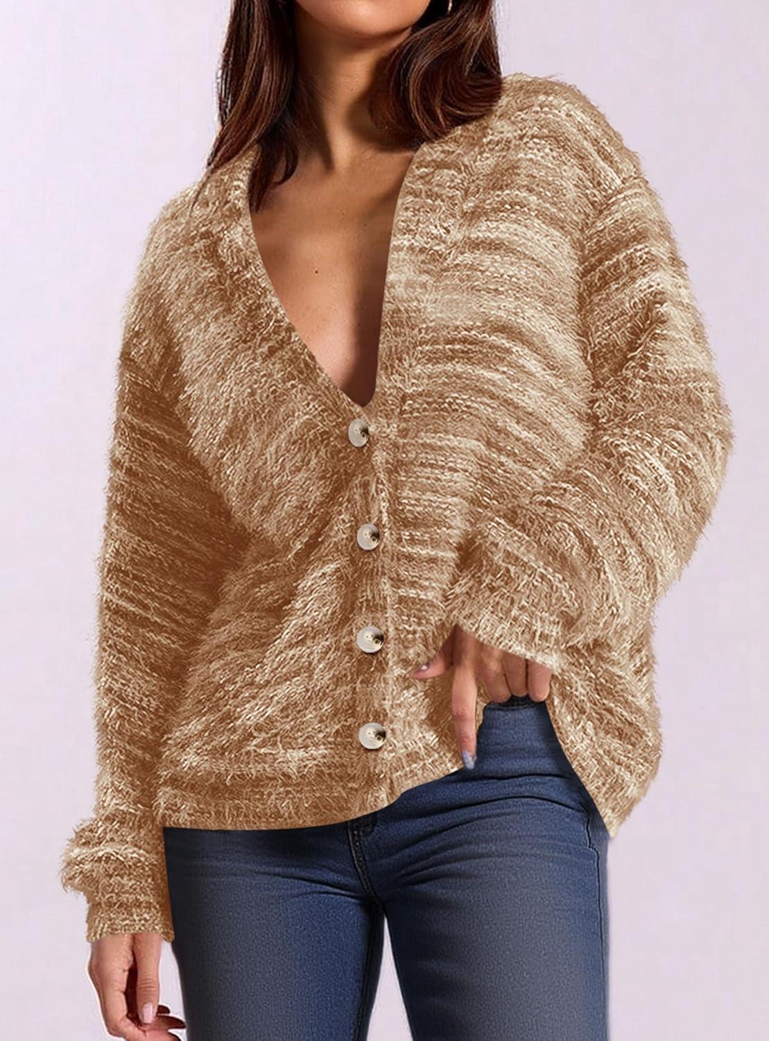 imagePRETTYGARDEN Womens Cardigan Sweaters Fall Fashion 2025 Striped Long Sleeve Button V Neck Knit Fuzzy Outerwear Winter ClothesKhaki
