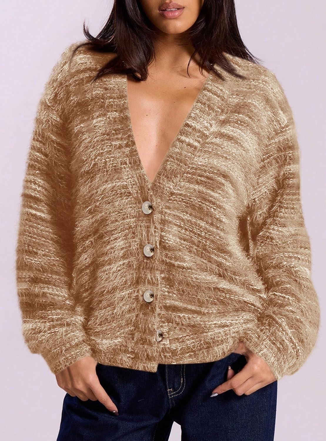 imagePRETTYGARDEN Womens Cardigan Sweaters Fall Fashion 2025 Striped Long Sleeve Button V Neck Knit Fuzzy Outerwear Winter ClothesKhaki