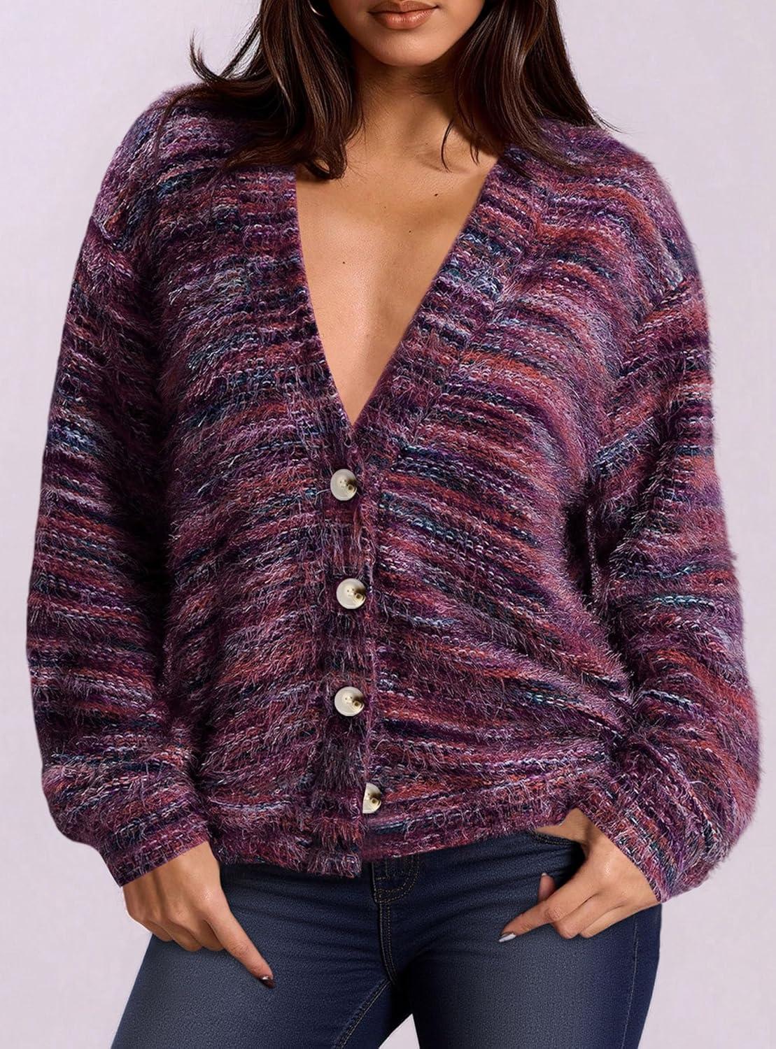 imagePRETTYGARDEN Womens Cardigan Sweaters Fall Fashion 2025 Striped Long Sleeve Button V Neck Knit Fuzzy Outerwear Winter ClothesPurple