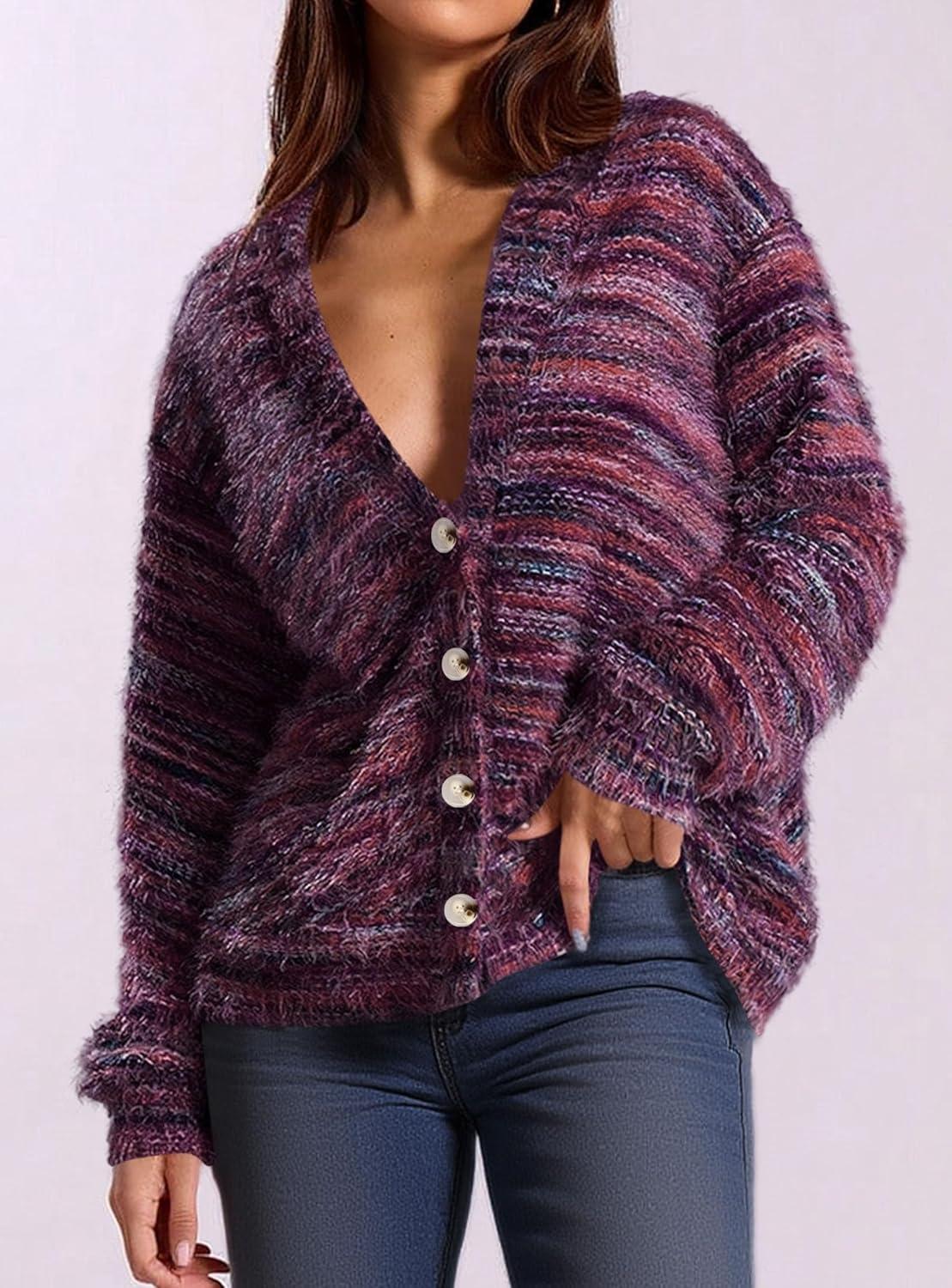 imagePRETTYGARDEN Womens Cardigan Sweaters Fall Fashion 2025 Striped Long Sleeve Button V Neck Knit Fuzzy Outerwear Winter ClothesPurple