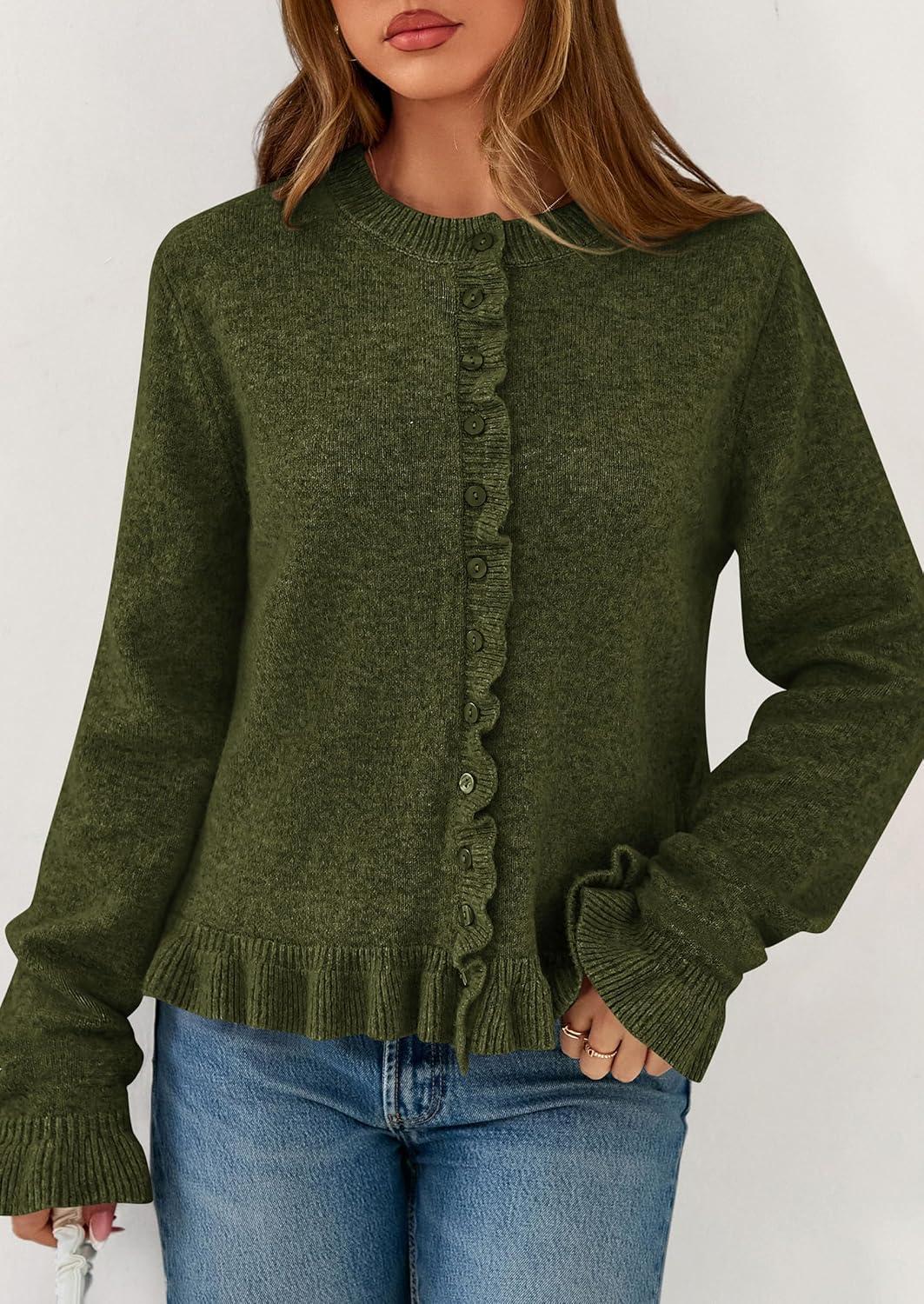 imagePRETTYGARDEN Womens Fall Button Down Cardigans Chunky Knit Ruffle Open Front Cropped Cardigan Sweaters Soft Long Sleeve TopsArmy Green