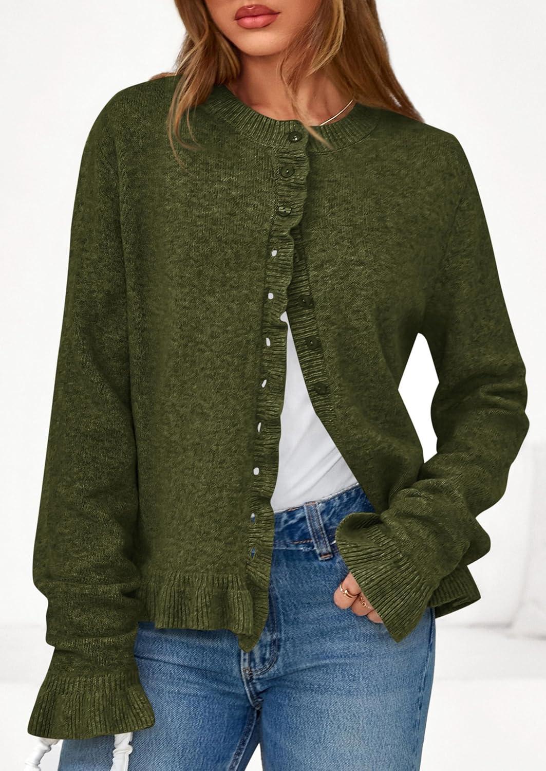 imagePRETTYGARDEN Womens Fall Button Down Cardigans Chunky Knit Ruffle Open Front Cropped Cardigan Sweaters Soft Long Sleeve TopsArmy Green