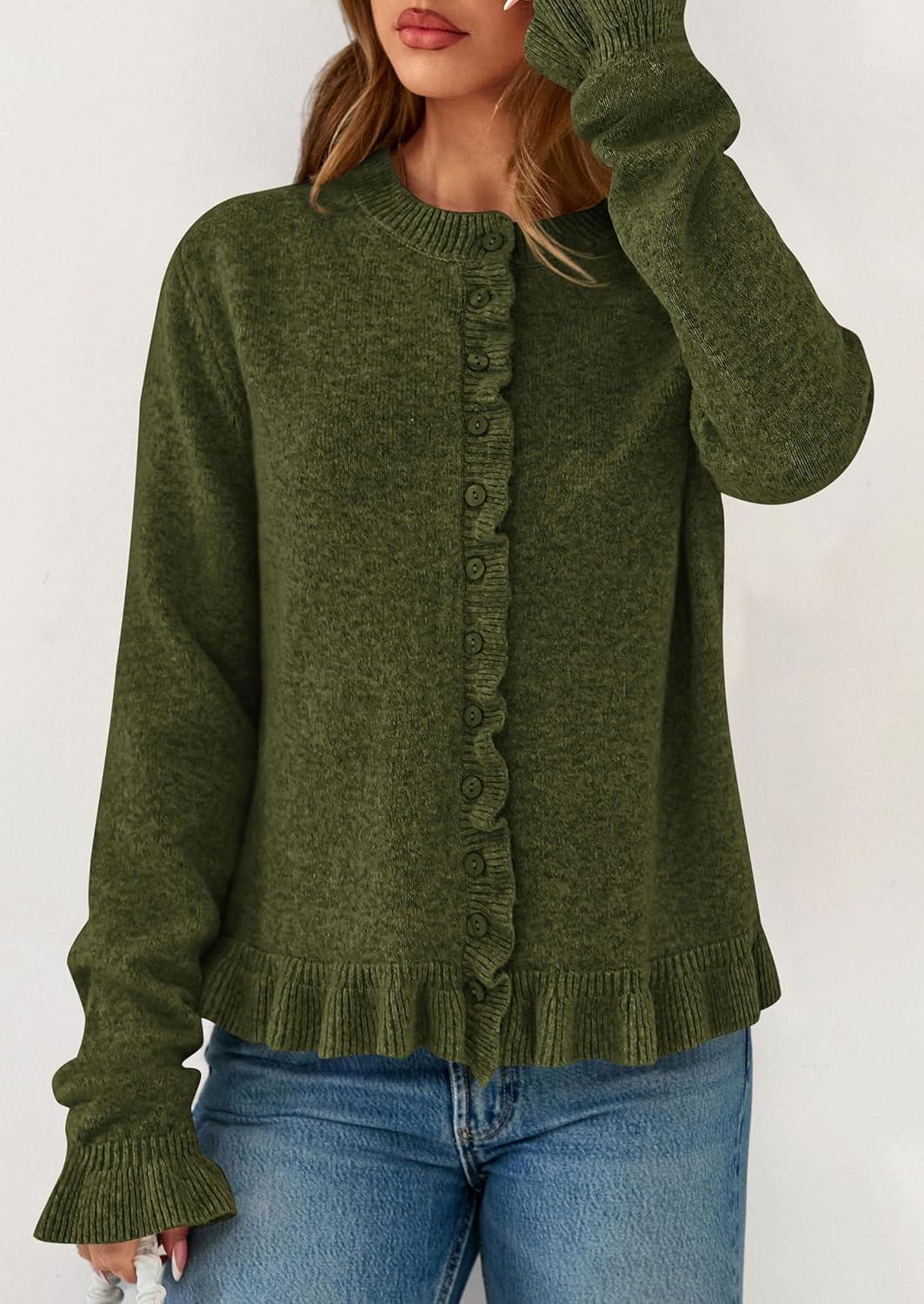 imagePRETTYGARDEN Womens Fall Button Down Cardigans Chunky Knit Ruffle Open Front Cropped Cardigan Sweaters Soft Long Sleeve TopsArmy Green