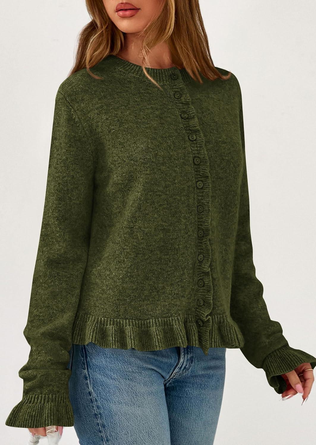 imagePRETTYGARDEN Womens Fall Button Down Cardigans Chunky Knit Ruffle Open Front Cropped Cardigan Sweaters Soft Long Sleeve TopsArmy Green