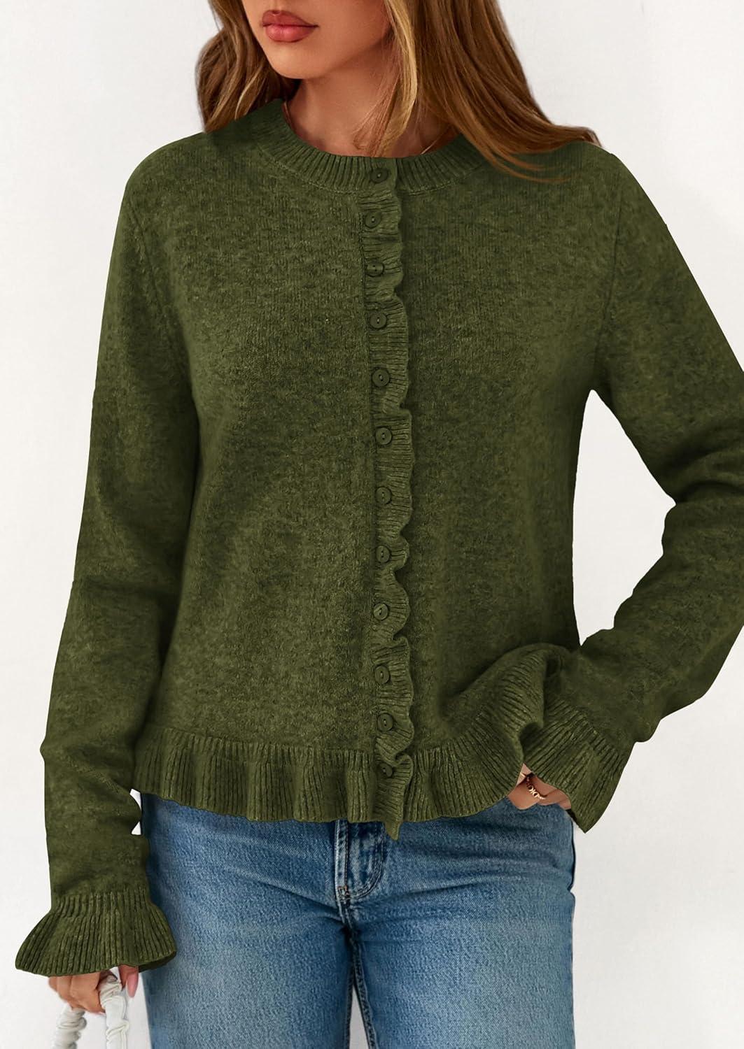 imagePRETTYGARDEN Womens Fall Button Down Cardigans Chunky Knit Ruffle Open Front Cropped Cardigan Sweaters Soft Long Sleeve TopsArmy Green