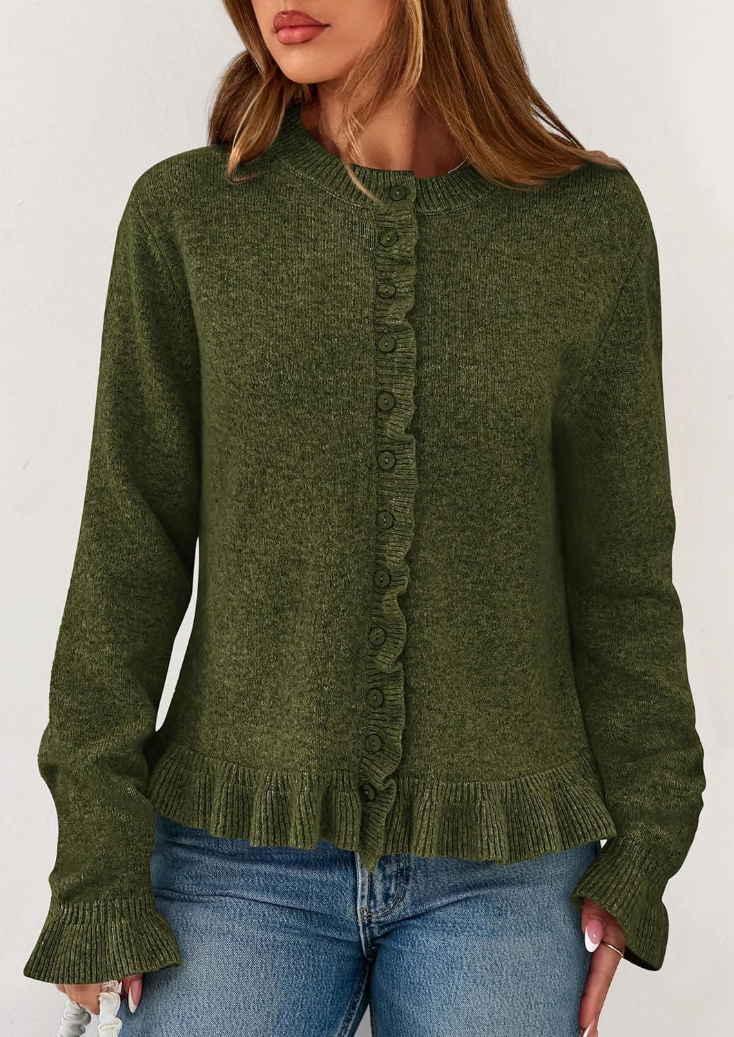imagePRETTYGARDEN Womens Fall Button Down Cardigans Chunky Knit Ruffle Open Front Cropped Cardigan Sweaters Soft Long Sleeve TopsArmy Green