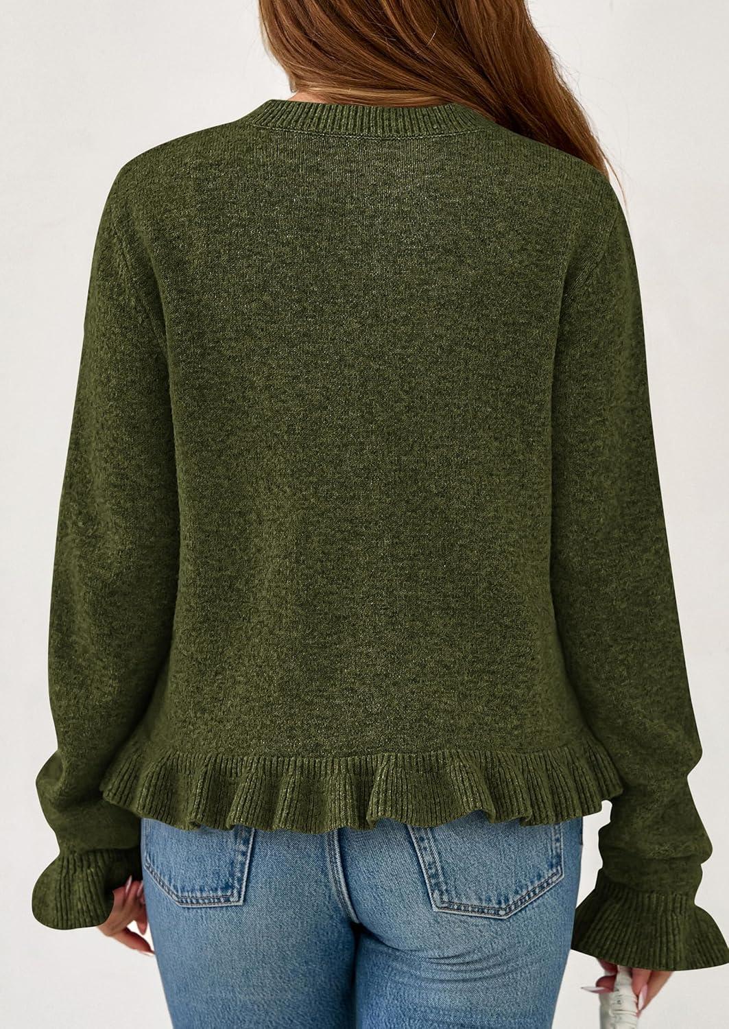 imagePRETTYGARDEN Womens Fall Button Down Cardigans Chunky Knit Ruffle Open Front Cropped Cardigan Sweaters Soft Long Sleeve TopsArmy Green